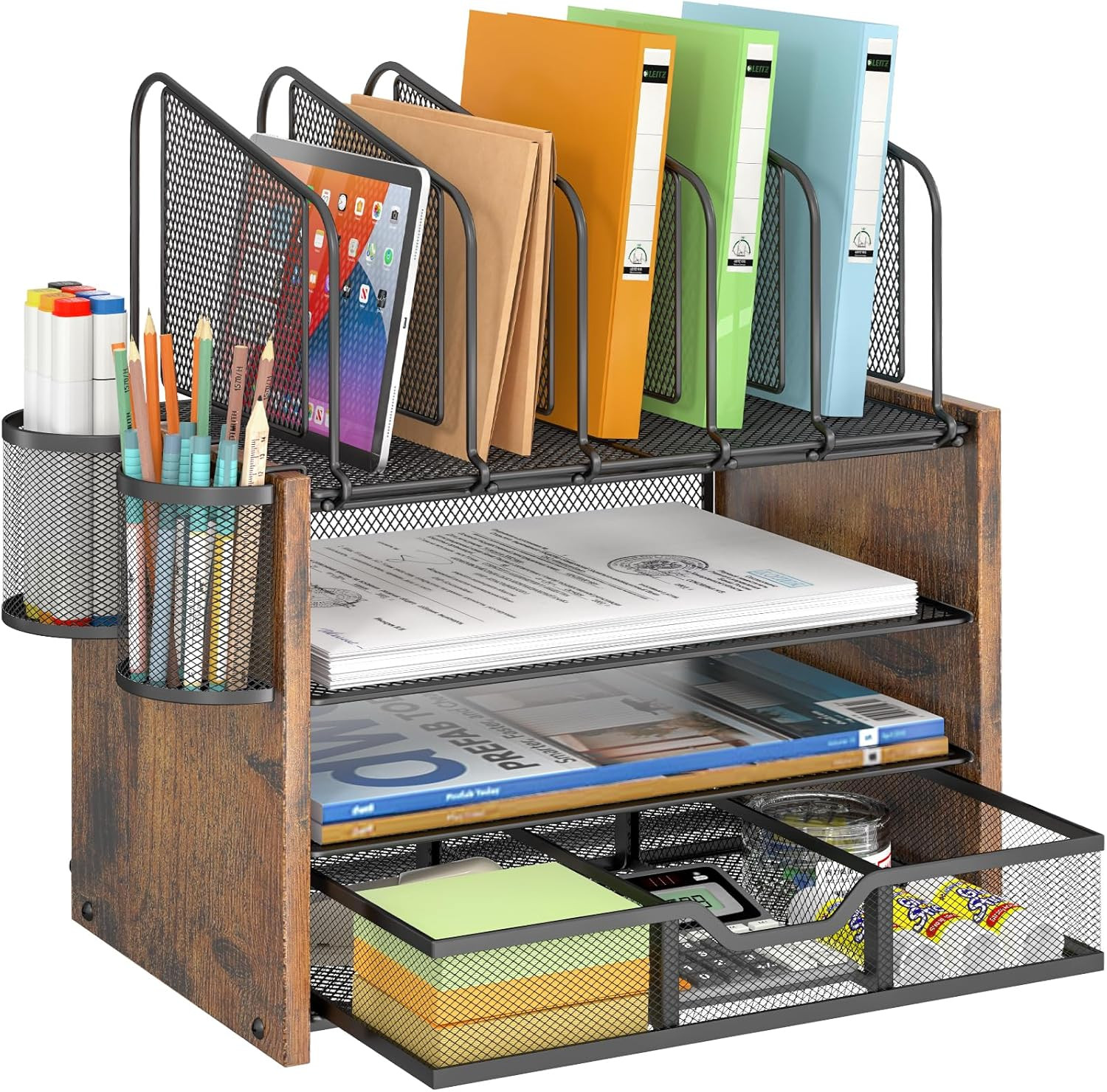 4-Tier Mesh Desk Organizer, Wooden Desk File Organizer with 5 Vertical File Hold