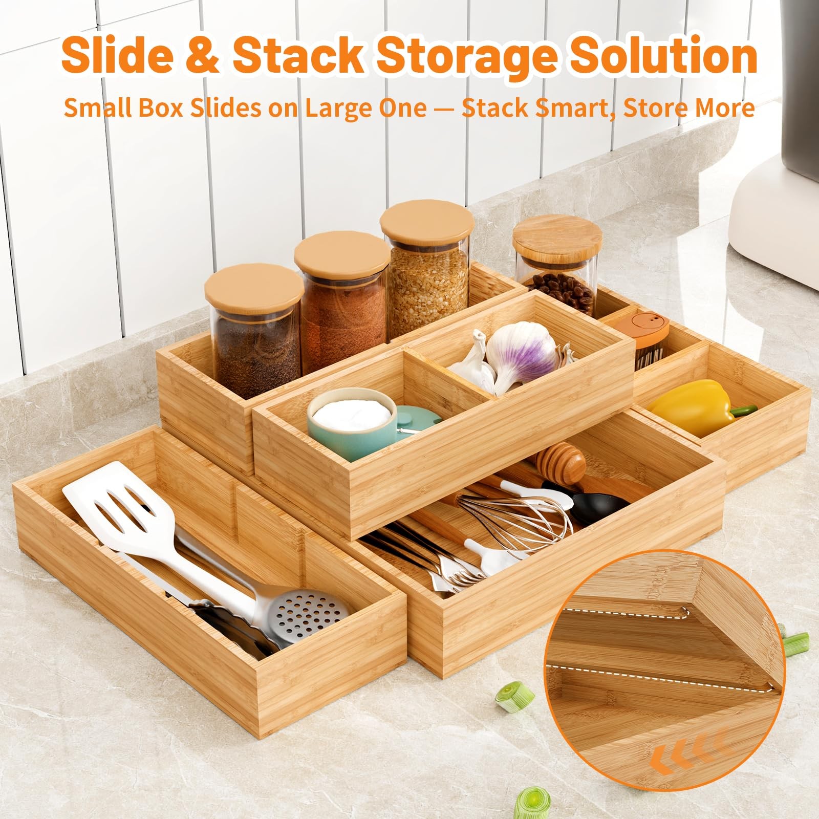Bamboo Drawer Organizer Set, 10Piece, Stackable Divider for Kitchen & Office