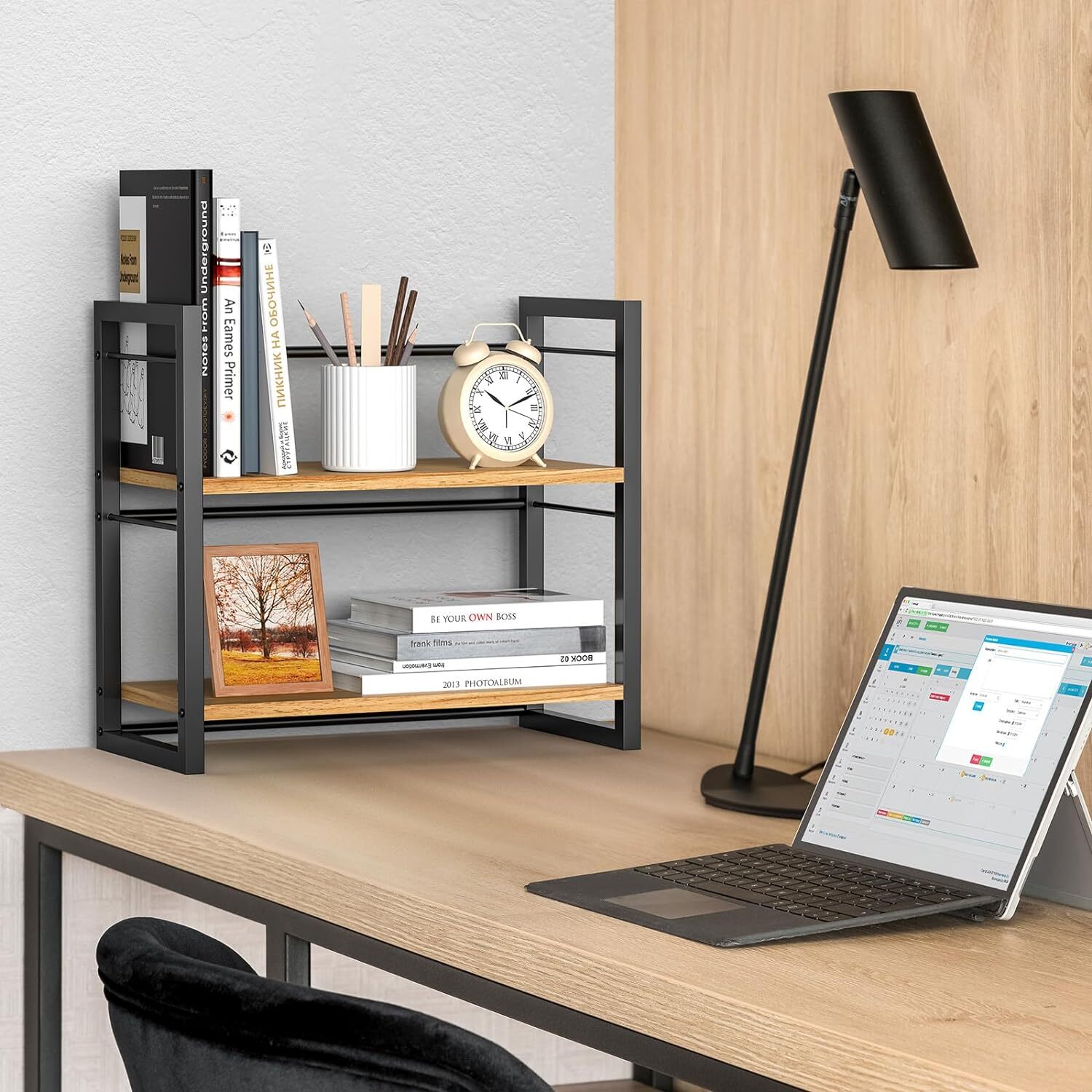 Office Desk Shelf Organizer, Wood Desktop Bookshelf Supplies Storage Black