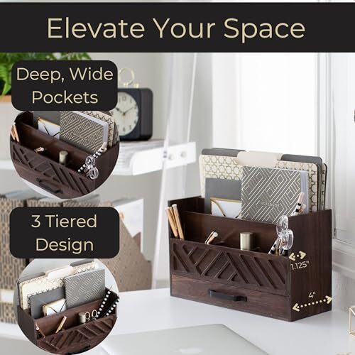 Brown Wood Desk Organizer with Drawer – Bill Storage Organizer and Sorter for…