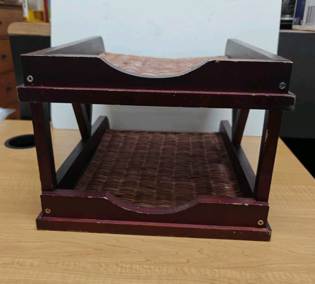 Vintage Wood Letter Tray Desk Organizer Woven Rattan 2 Tier Office Holder