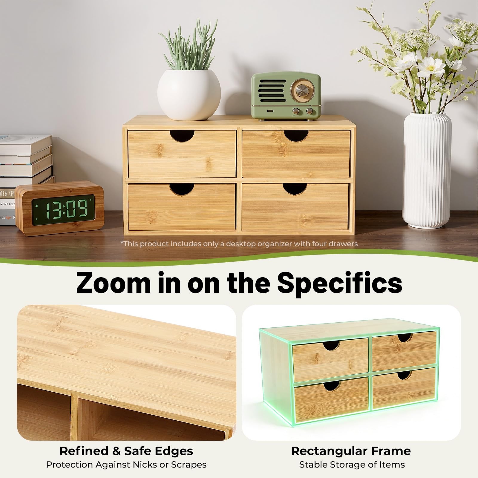 Gdrasuya10 Bamboo Desk Organizer, Drawer Tabletop 4 Drawer, Raw Wood Color