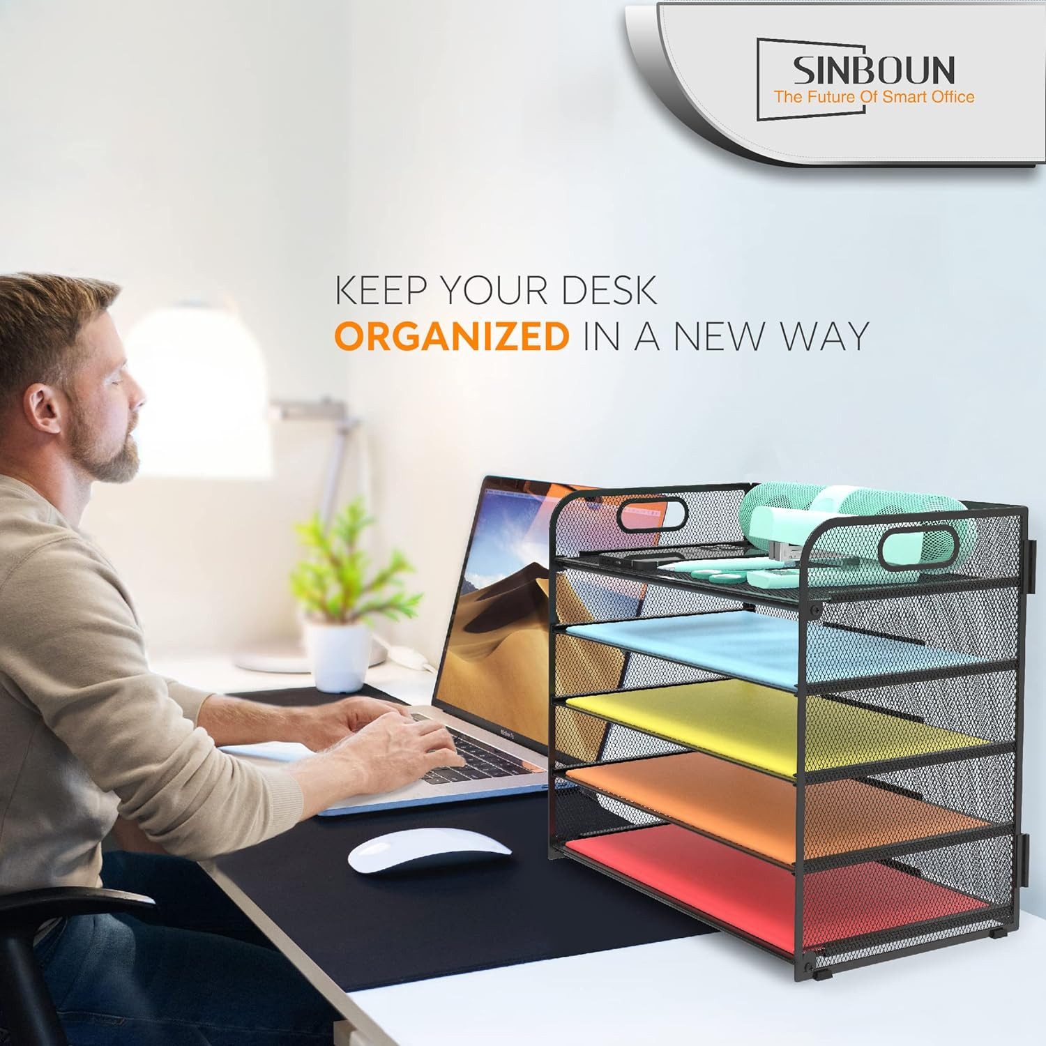 5-Tier Metal Letter Tray Organizer with Handle – Black Desktop File Holder