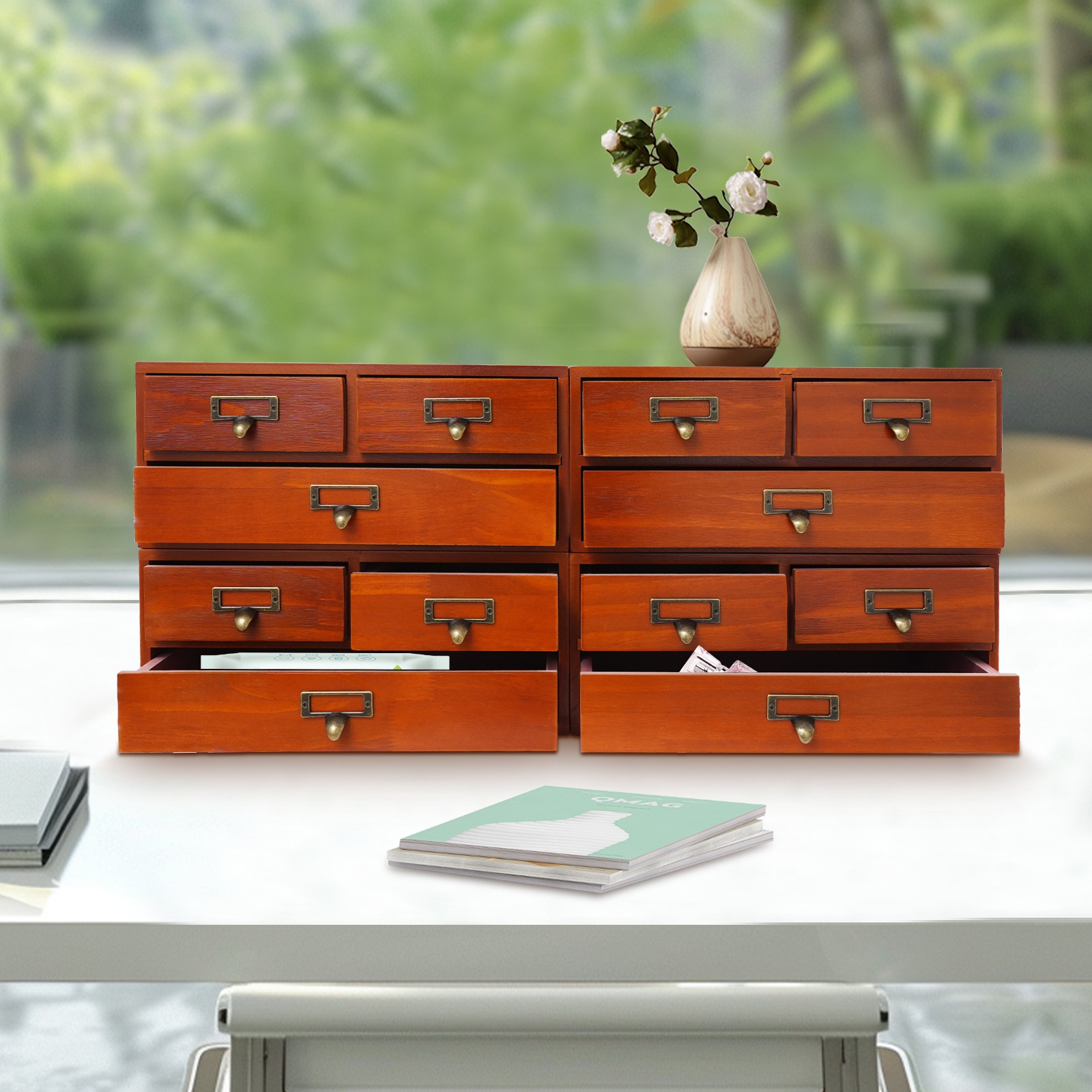 4 Pack 3 Drawer Wooden Desktop Organizer Drawer Storage Box For Tabletop