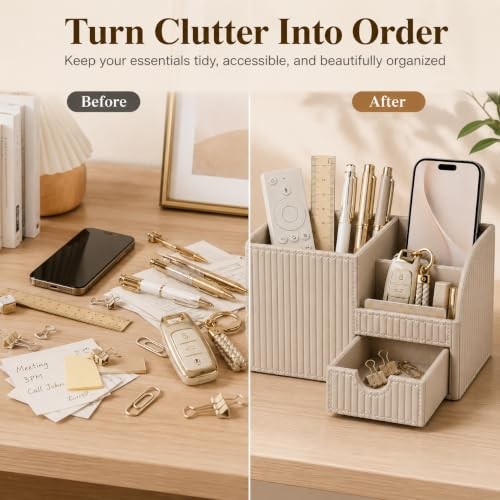 PU Leather Desk Organizer with Drawer Pen Holder Multi-Compartment Office