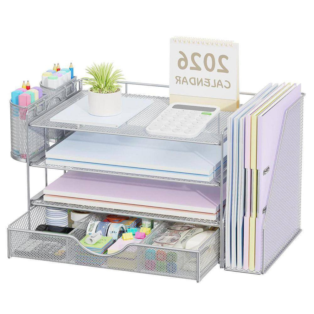 Grey 15.5 In. X 9.2 In. Metal Modern Desk File Holder with Drawer and 2 Pen Hold