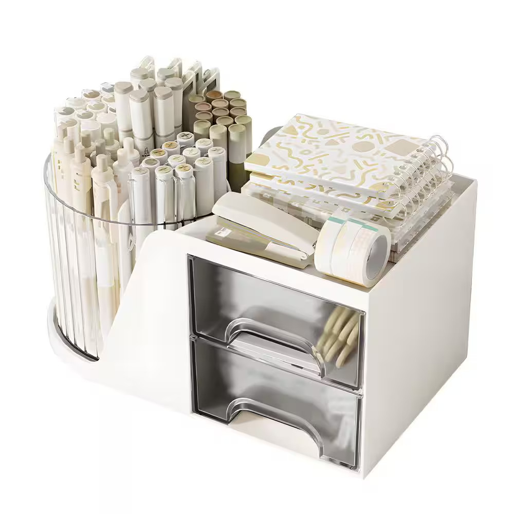 Rotating Desktop Pen Holder 360 Degree 5 Slot Organizer with 2 Drawer Storage fo