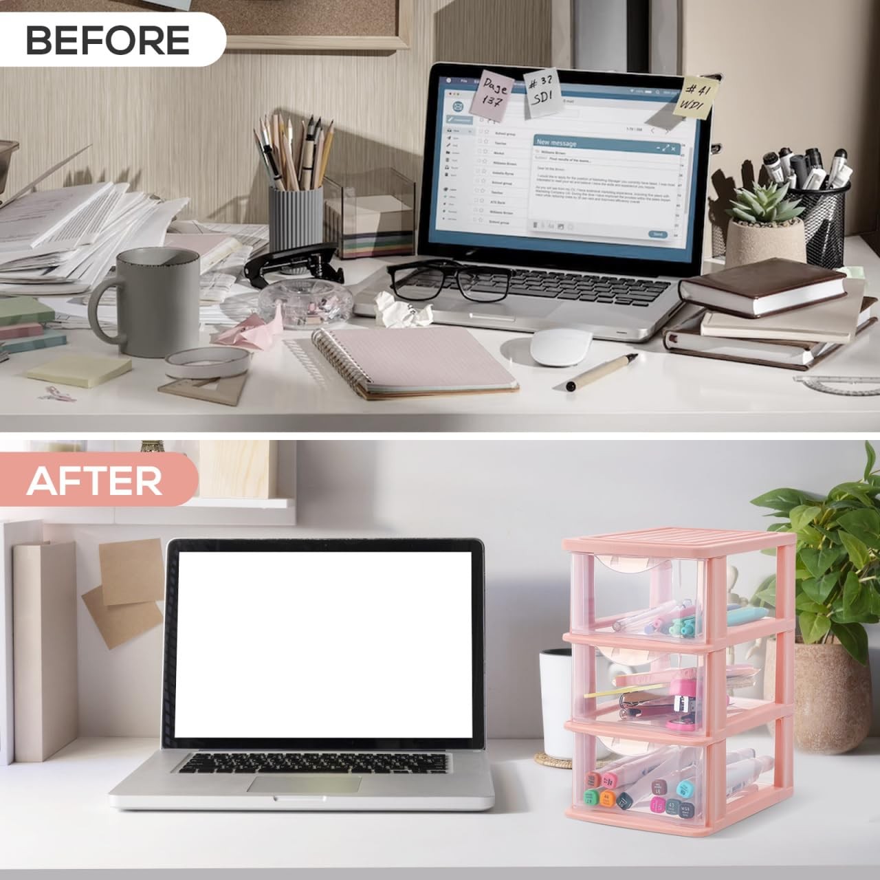 DOITOOL Desktop Storage Box Drawer Type Clear Plastic Organizer 3 Tier, Pink