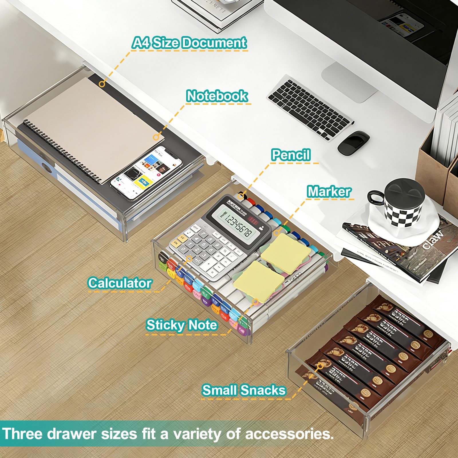 Under Desk Table Drawer Storage Organizer,3 Pack Small & Medium & Large Slide…