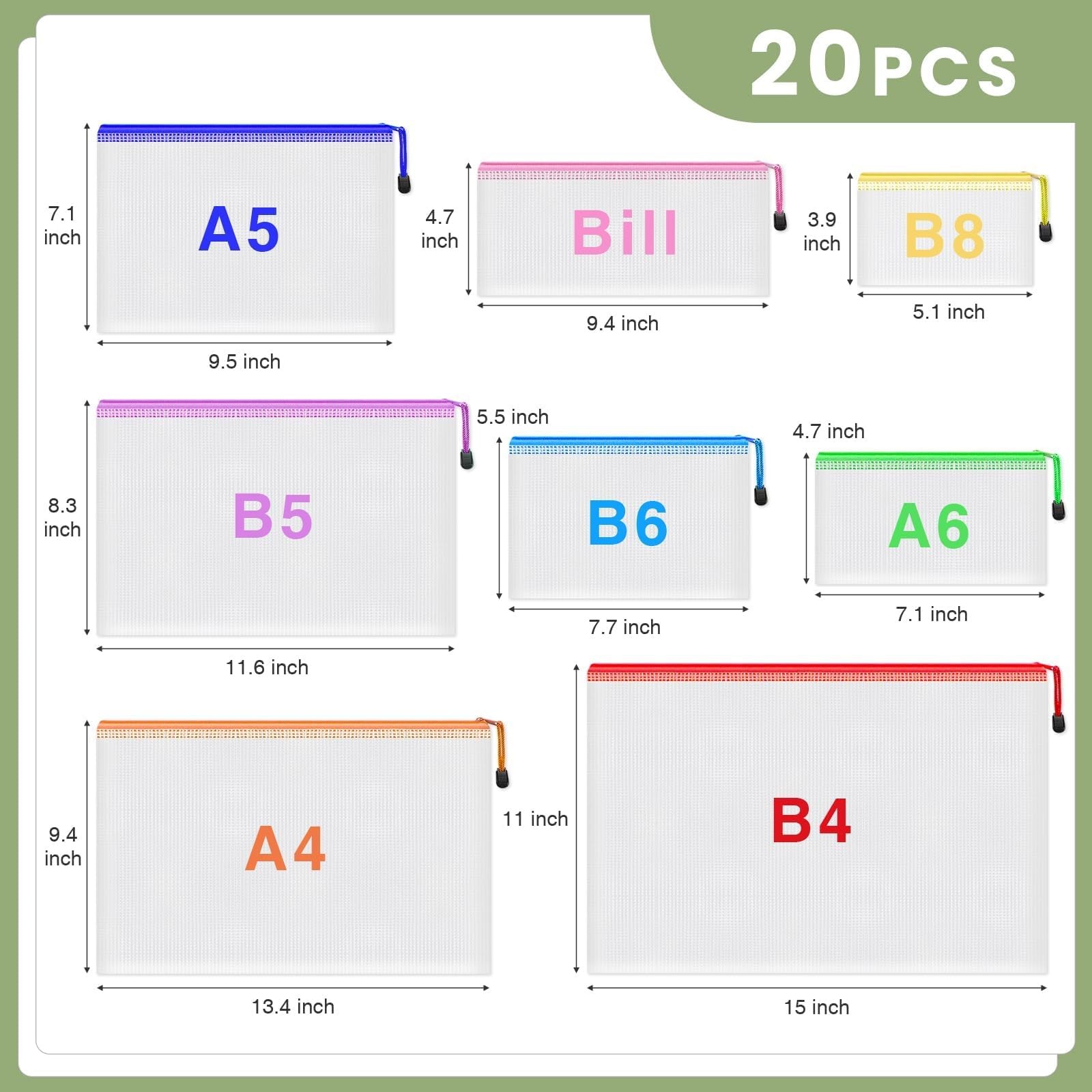 20 PCS Mesh Zipper Pouch Bags 8 Sizes 8 Colors Waterproof Storage Organizer