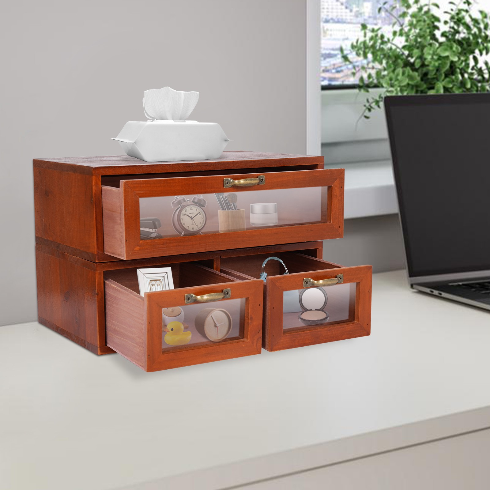 Vintage Desk Organizer Wooden Tabletop Storage Box with 3 Drawers for Office