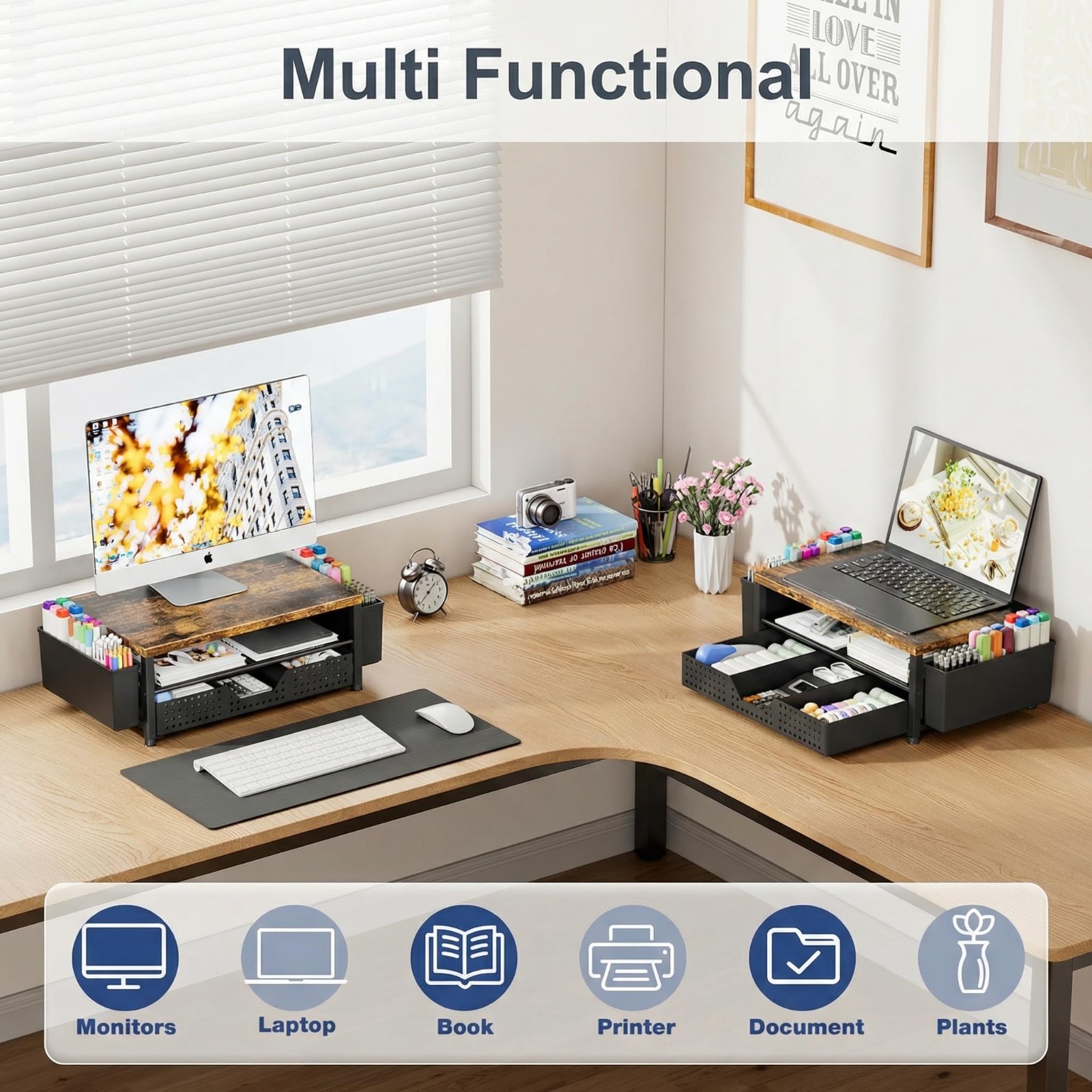 Wood Desk Organizer 2-Tier Monitor Stand Riser with Storage Drawer & Pen Holders