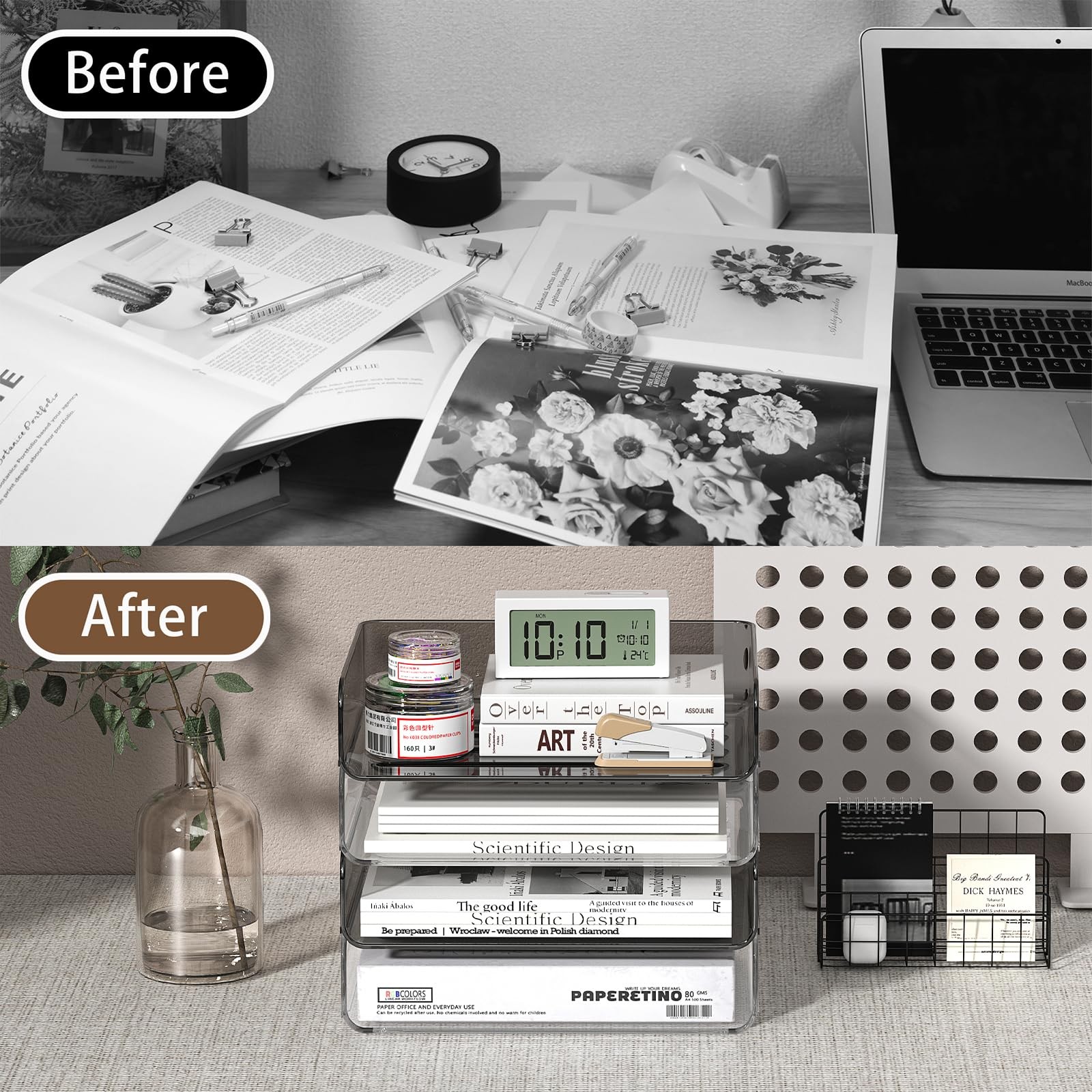 1 PCS Clear And Brown 4Tier Acrylic Paper Tray Organizer For Desk Stackable