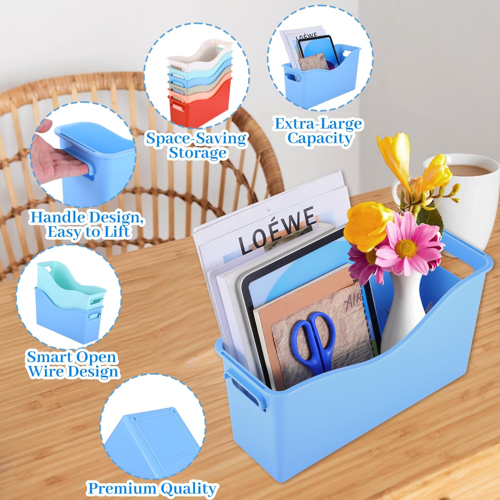 6 PCS Plastic Book Binder Holders Classroom Storage Bins with Handles 6 Colors