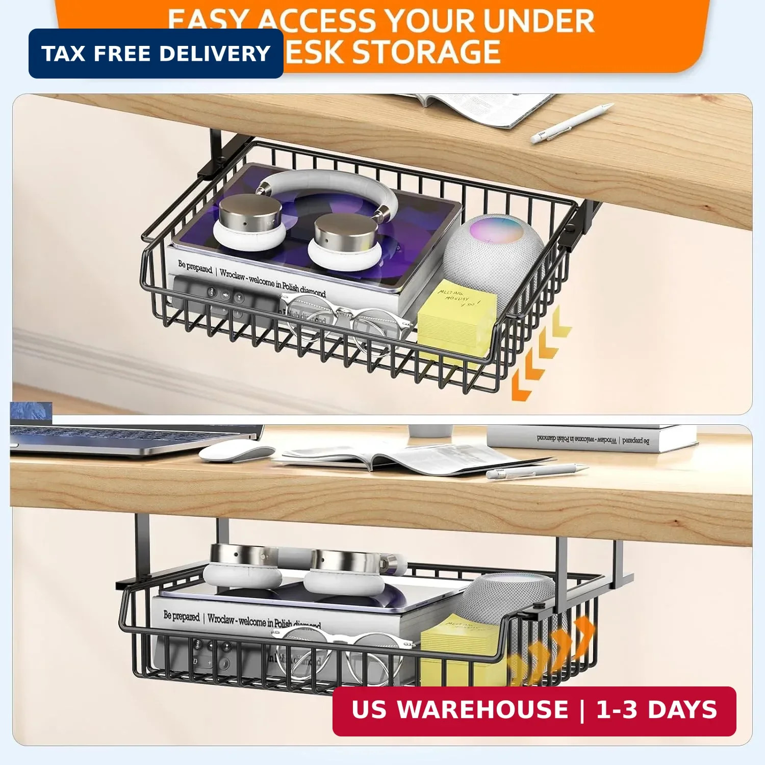 ENONCI Under Desk Drawer, Slide Out Design,No Drill Metal Under Desk Cable Manag