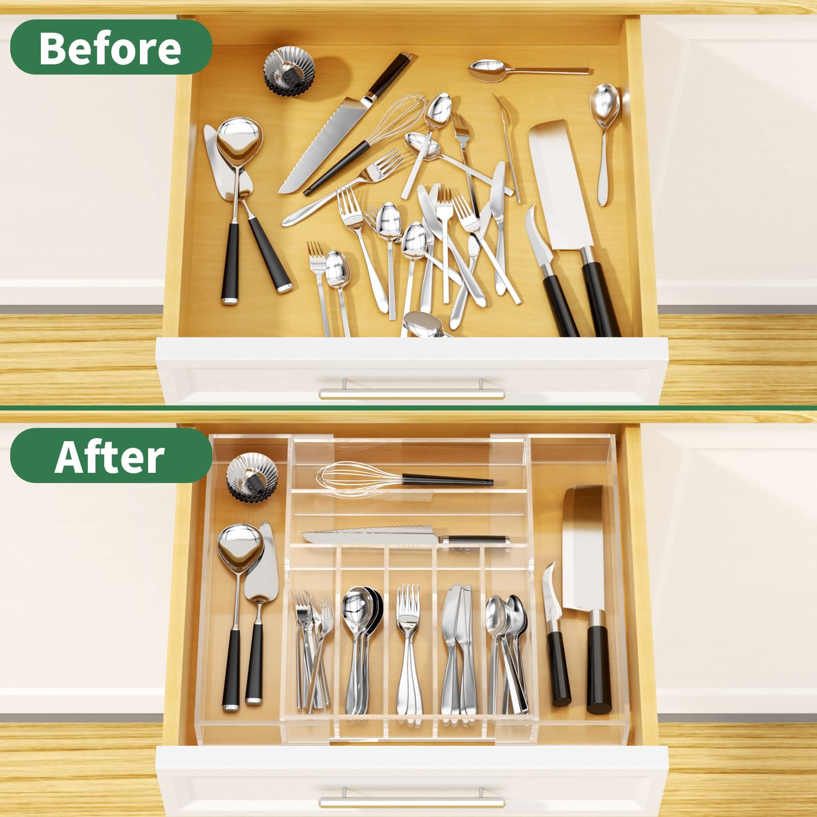 NIUBEE Expandable Kitchen Drawer Organizer 17×16.3×2.7 inch, Acrylic Clear