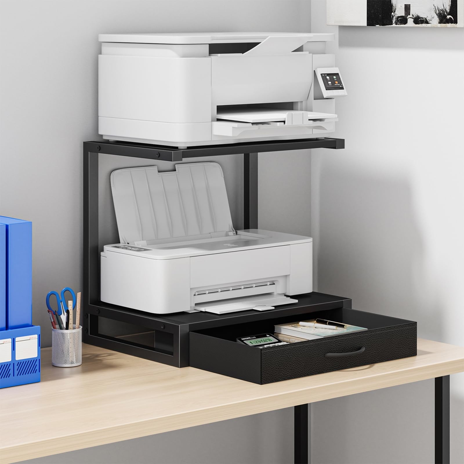 YAOHUOO 2-Tier Desktop Printer Stand with Fabric Drawer, Middle, Black
