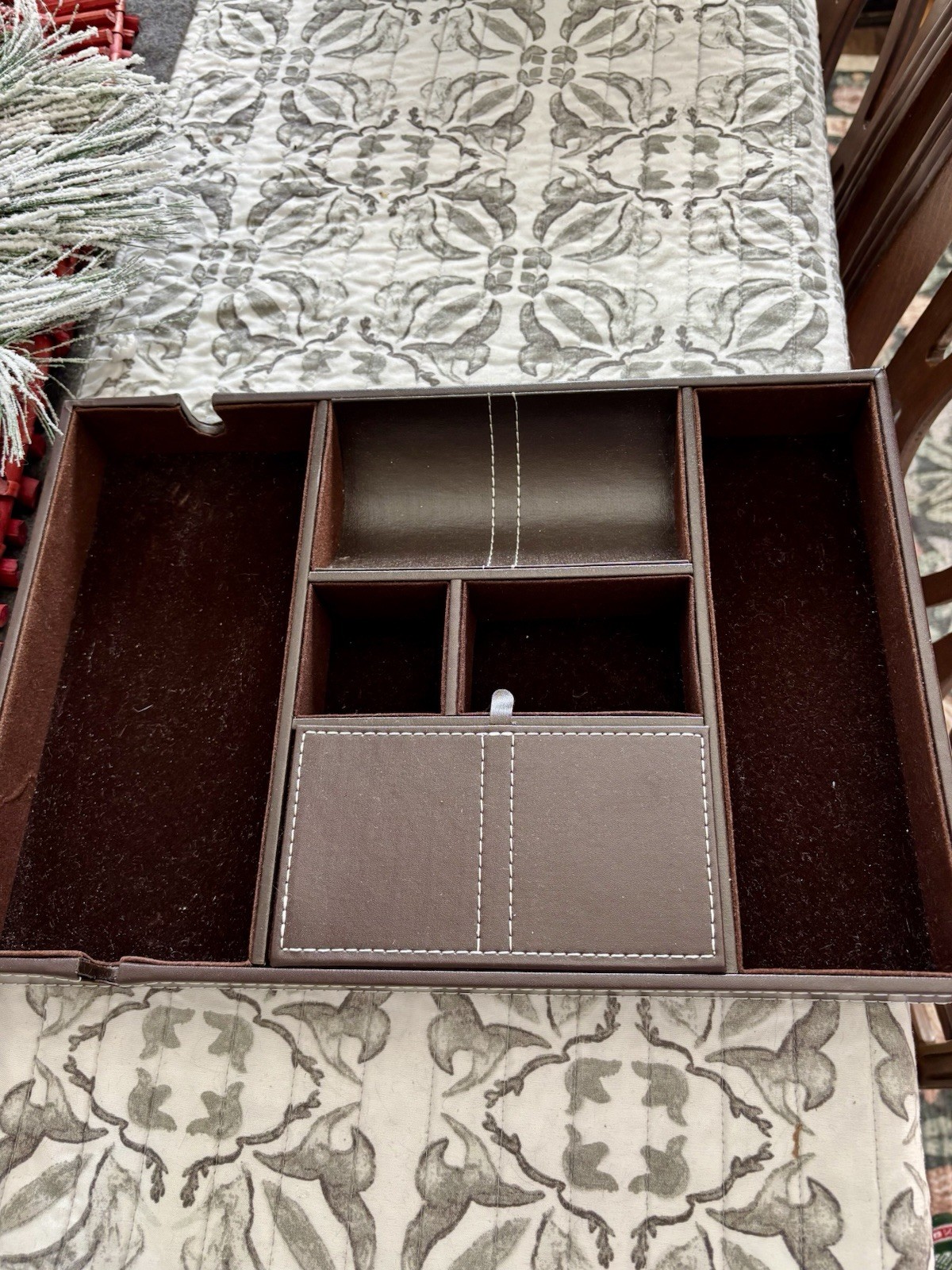 Leather Desk Organizer Chocolate Brown With White Stitching 14 X 10 Inches