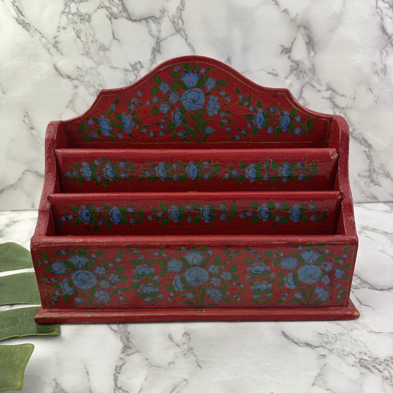 Vintage 90s Mail File Organizer Red Blue Floral Painted Wood India Desk Office