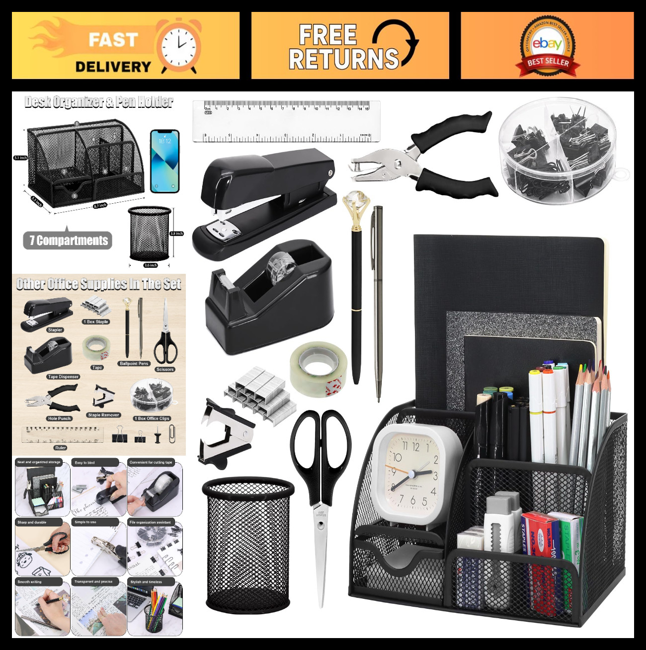 13-in-1 Office Desk Organizer Set with Stapler, Tape Dispenser, Scissors & More