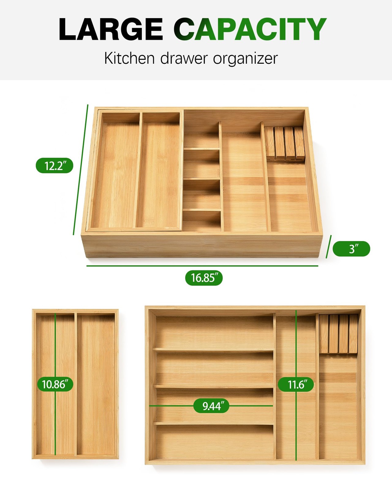 HULISEN Double Layer Bamboo Utensil Drawer Organizer, 2 Tier Silverware Wood
