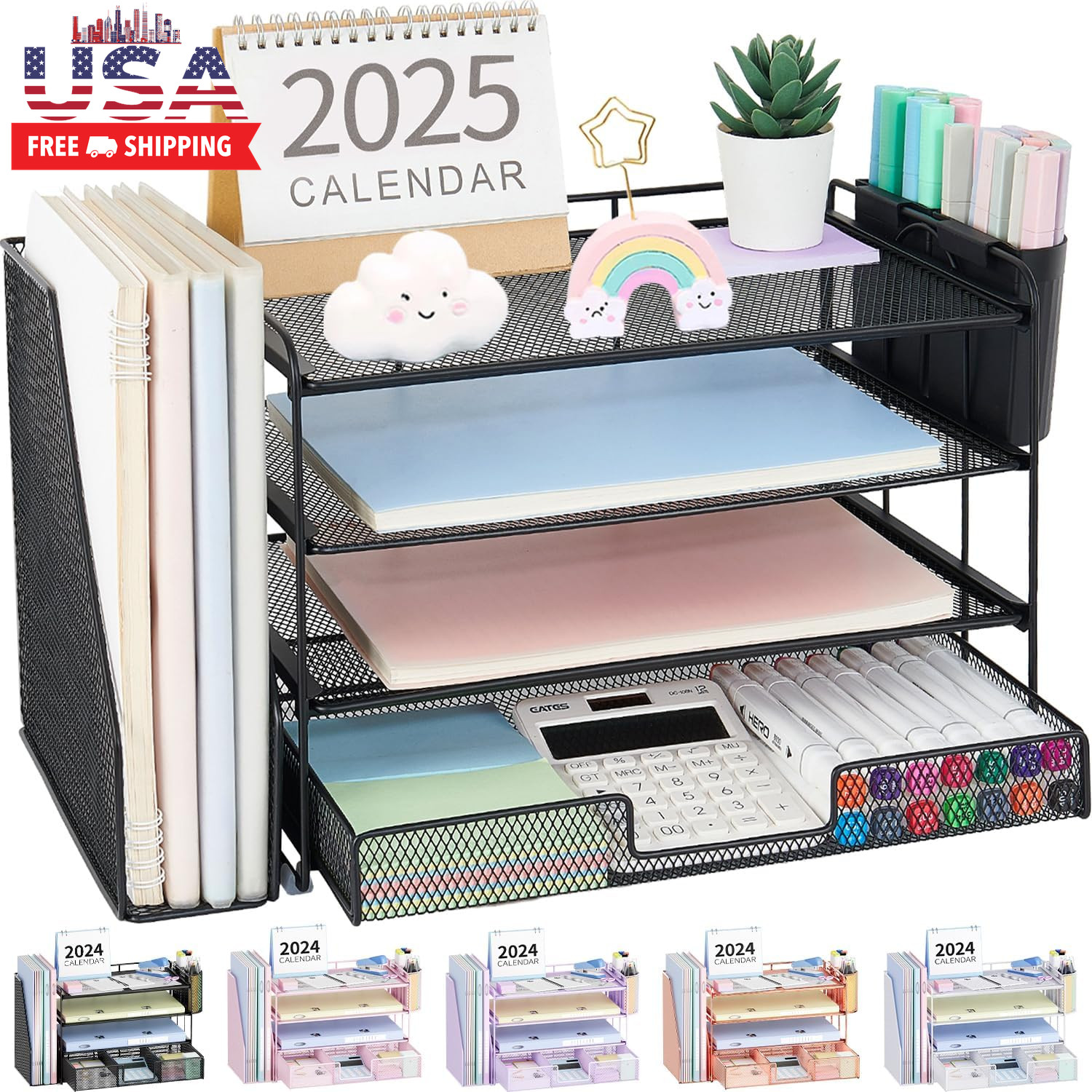 Desk Organizer, 4-Tier Desktop File Organizer with Drawer and 2 Pen Holders, Off