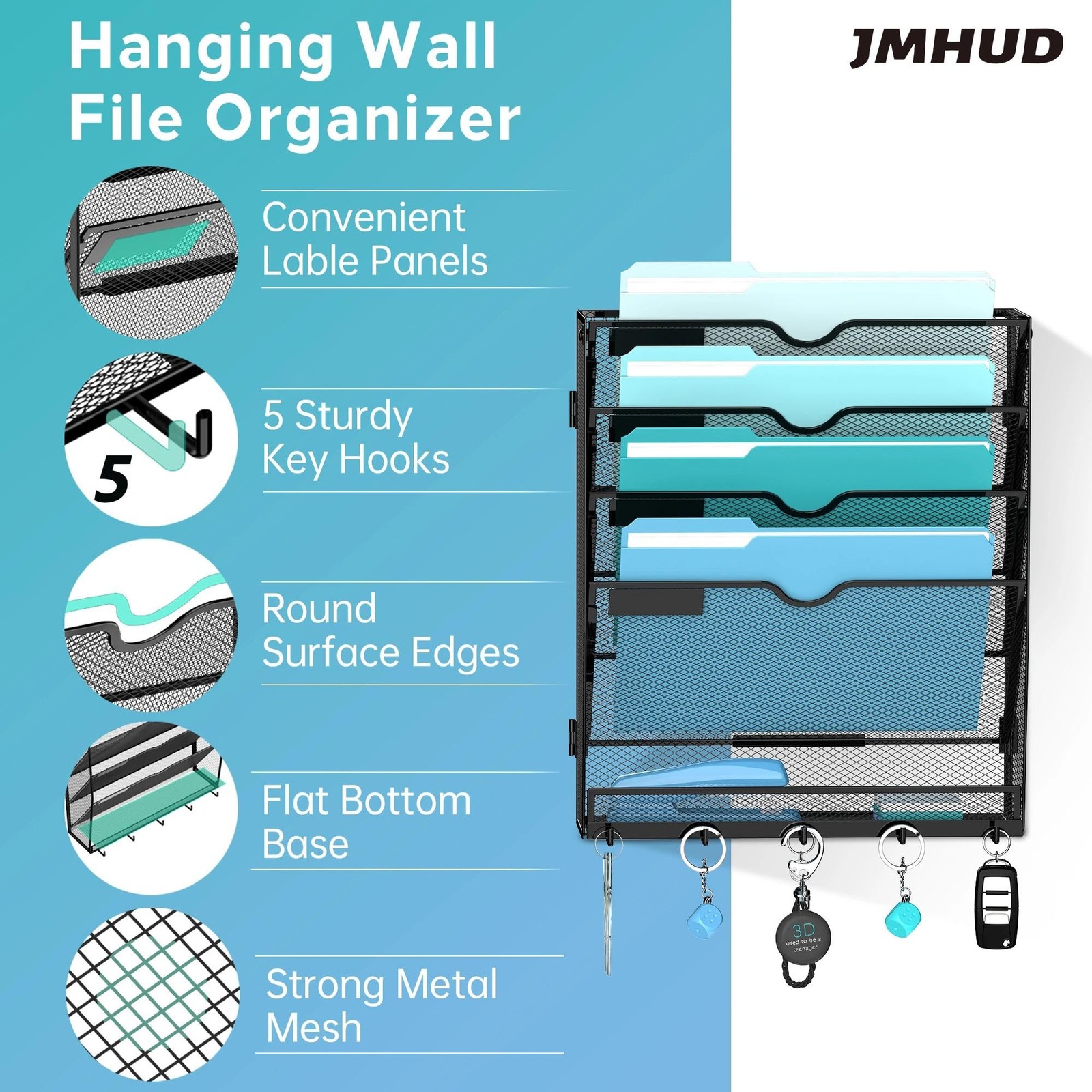 5 Tier Wall File Organizer – Hanging File Organizer with 5 Hooks, Mail Holder Wa