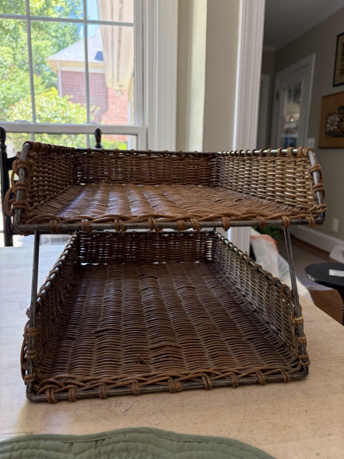 vintage wicker two-tier desk top organizer 14” x 10” EUC