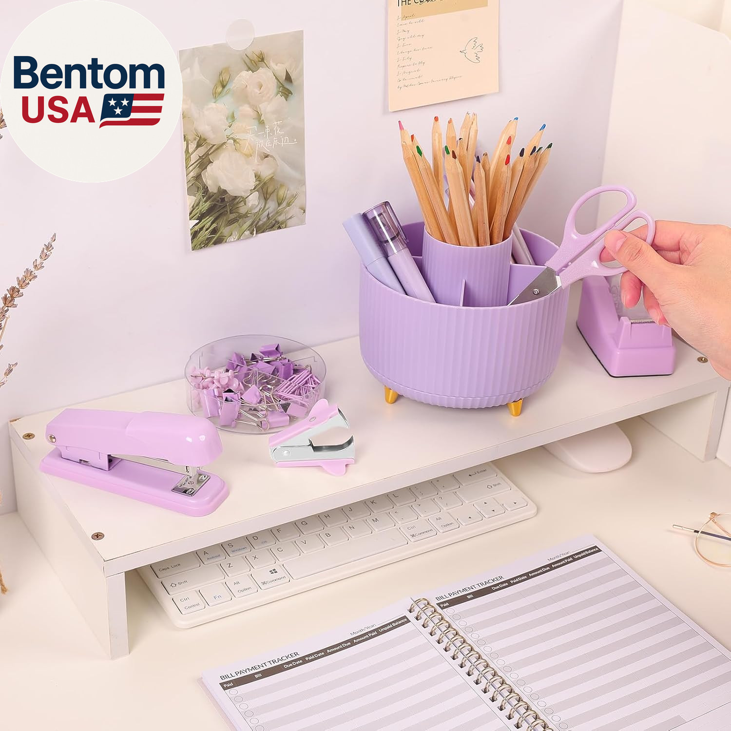 Purple Office Supplies Set, Purple Office Desk Accessories 10PCS, Pencil Holder