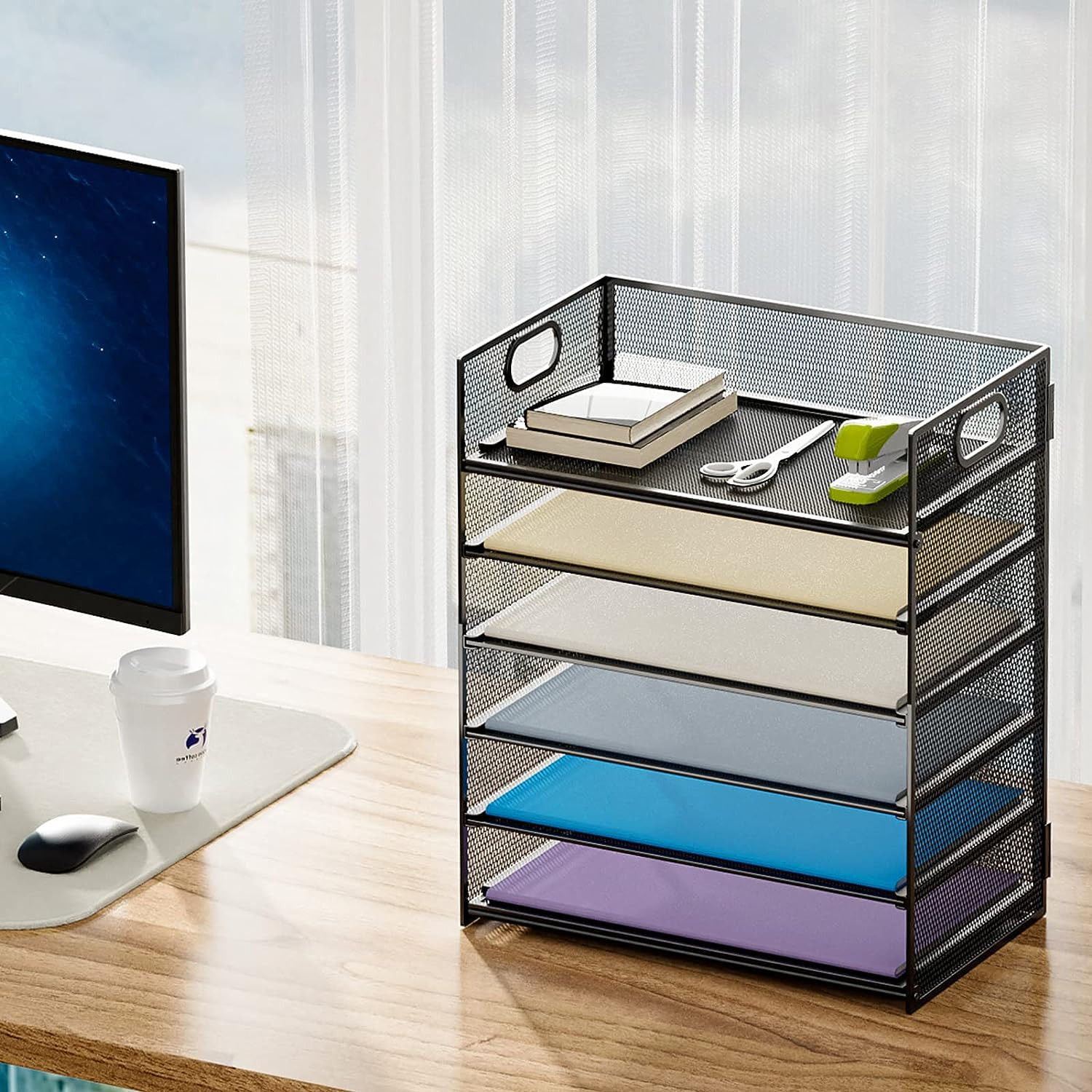 6 Tier Paper Organizer Letter Tray Mesh Desk File Sorter with Handle Black