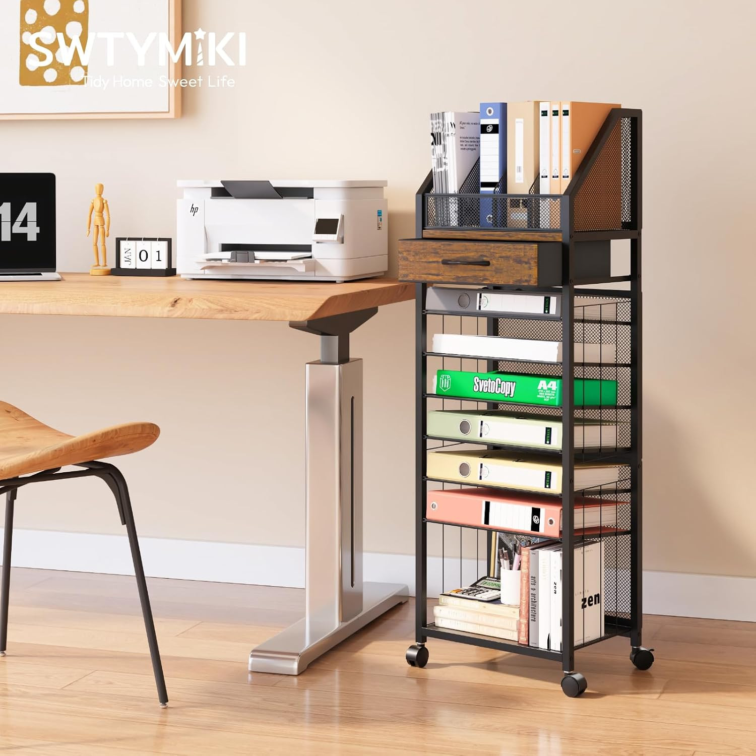 9-Tier Rolling File Cart – Paper Organizer with Drawer and Trays, Wood Desk Offi