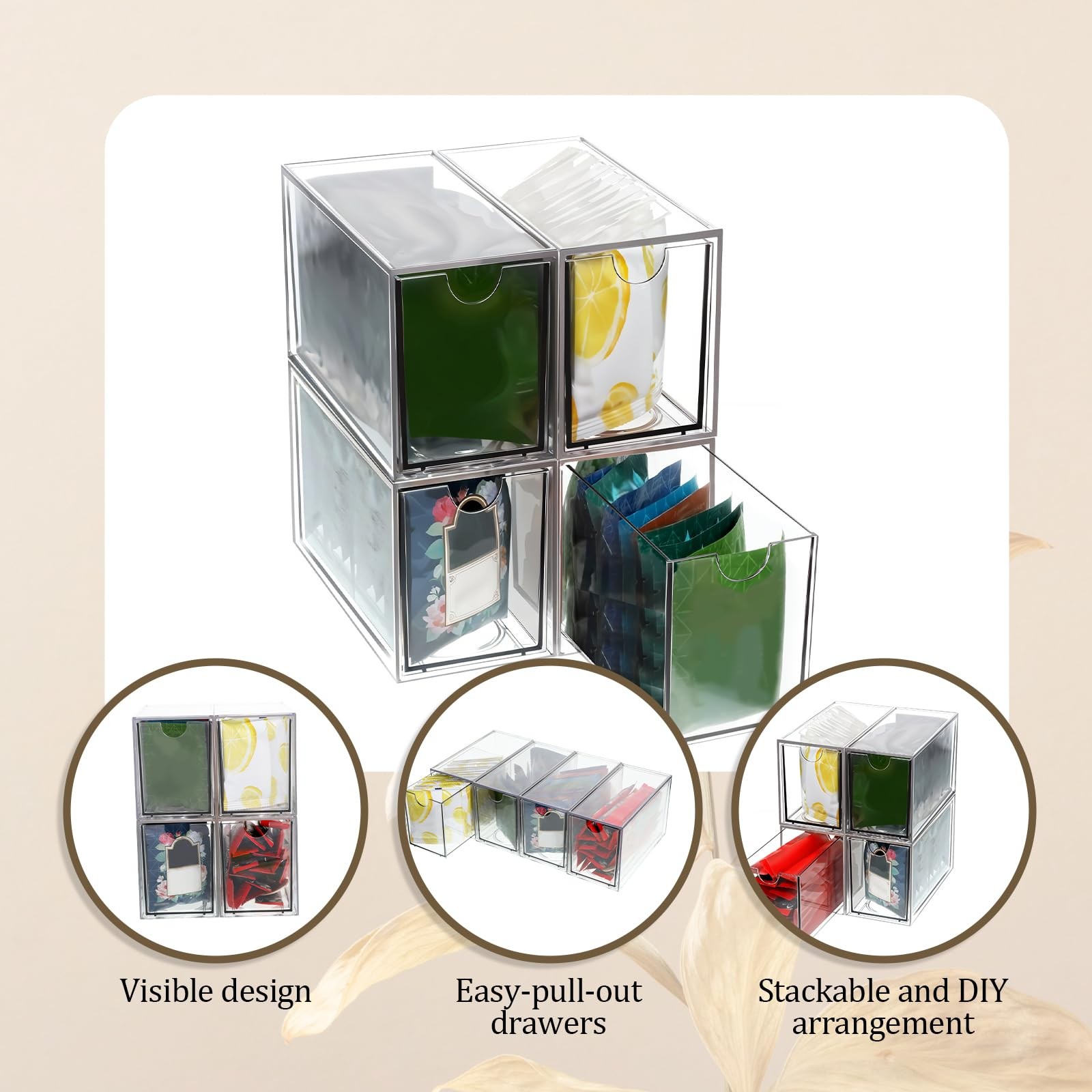 4 Pack Tea Bag Organizer Plastic Stackable Clear 6.5″L x 3″W x 3.9″H,