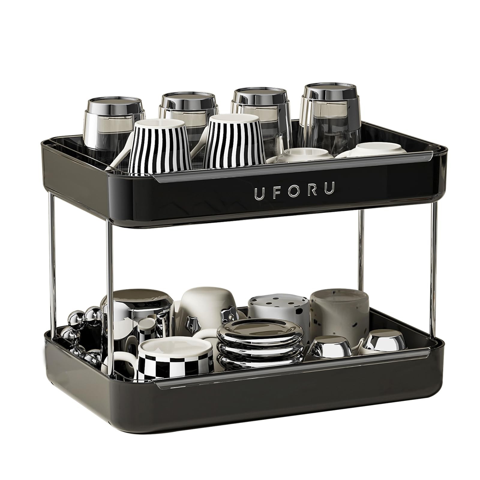 UFORU Countertop Coffee Station Organizer, 2 Tier Wine Glass 2 Tier, Black