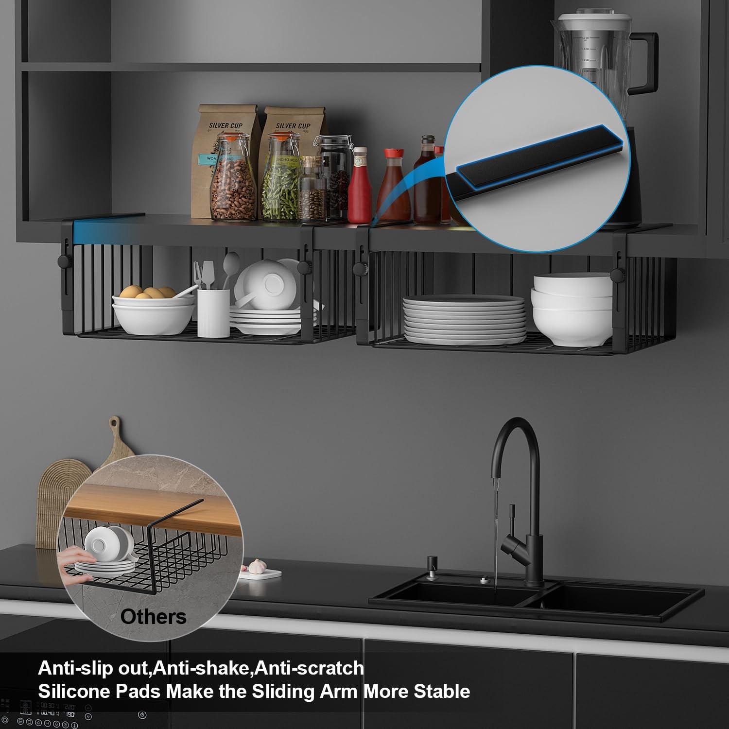 AmonHouseware 2Pack Under Shelf Basket Organizer,Adjustable Large, Black