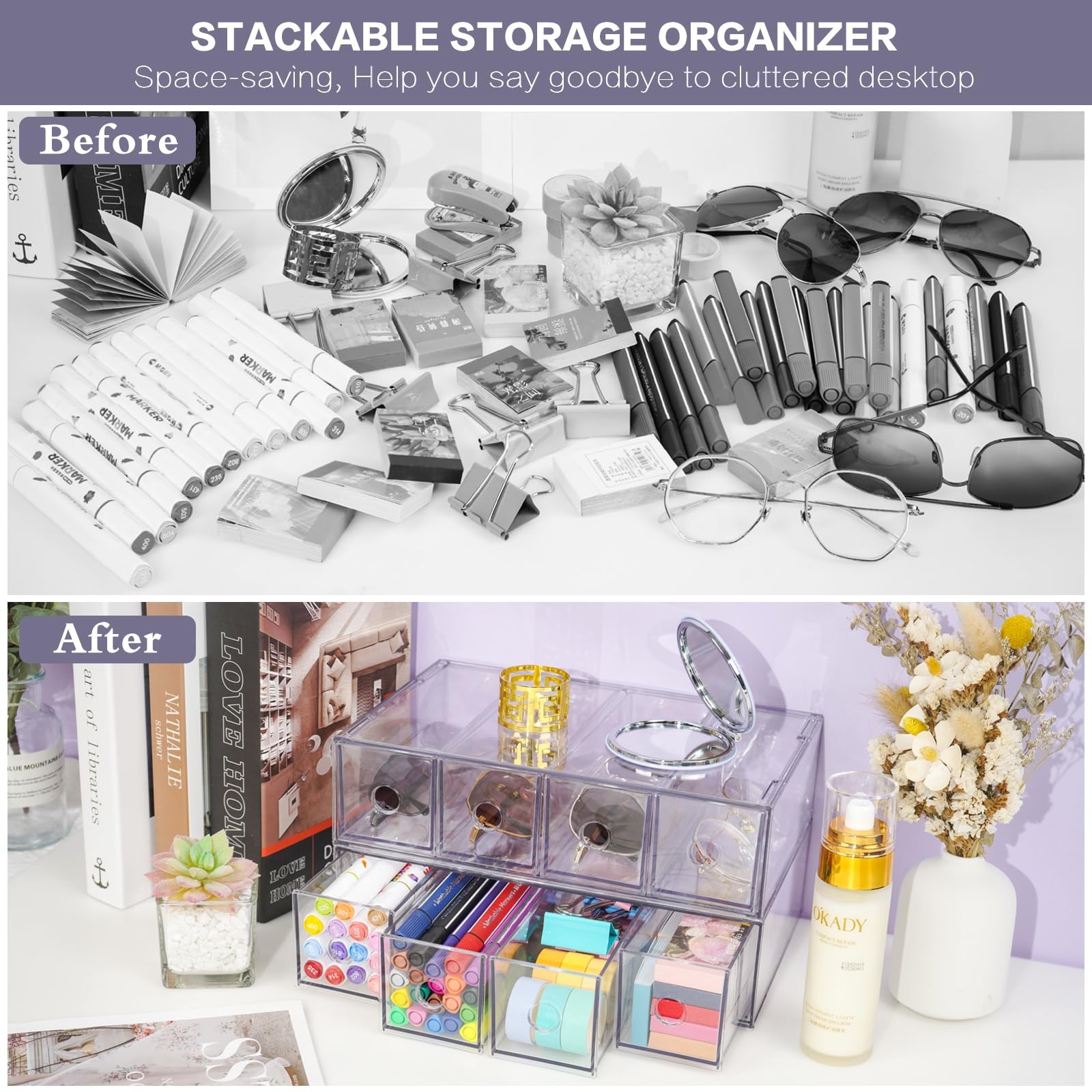 Desk Organizer with 4 Drawers, FODIENS Stackable Desktop Storage Box clear