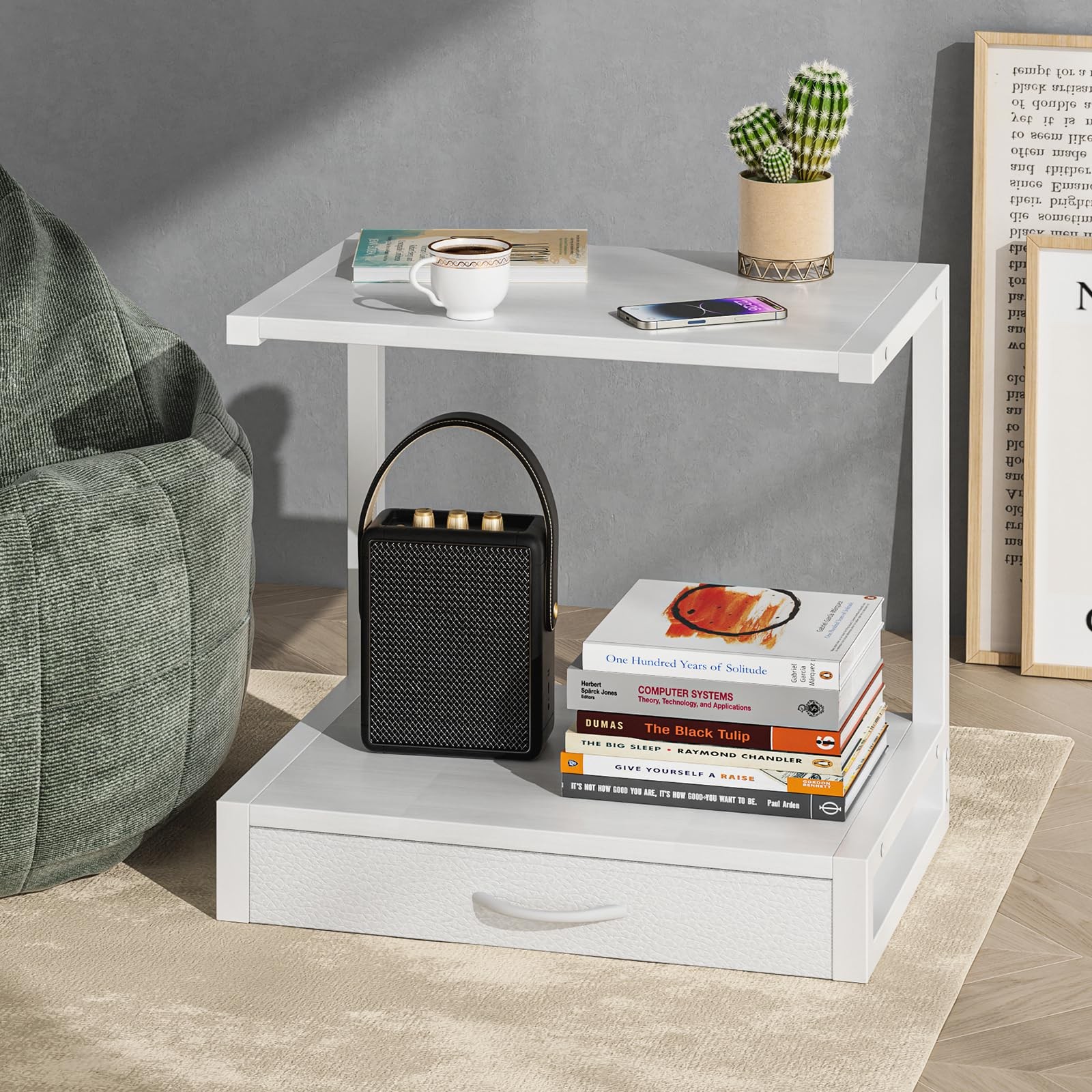 YAOHUOO 2-Tier Desktop Printer Stand with Fabric Drawer, Middle, White