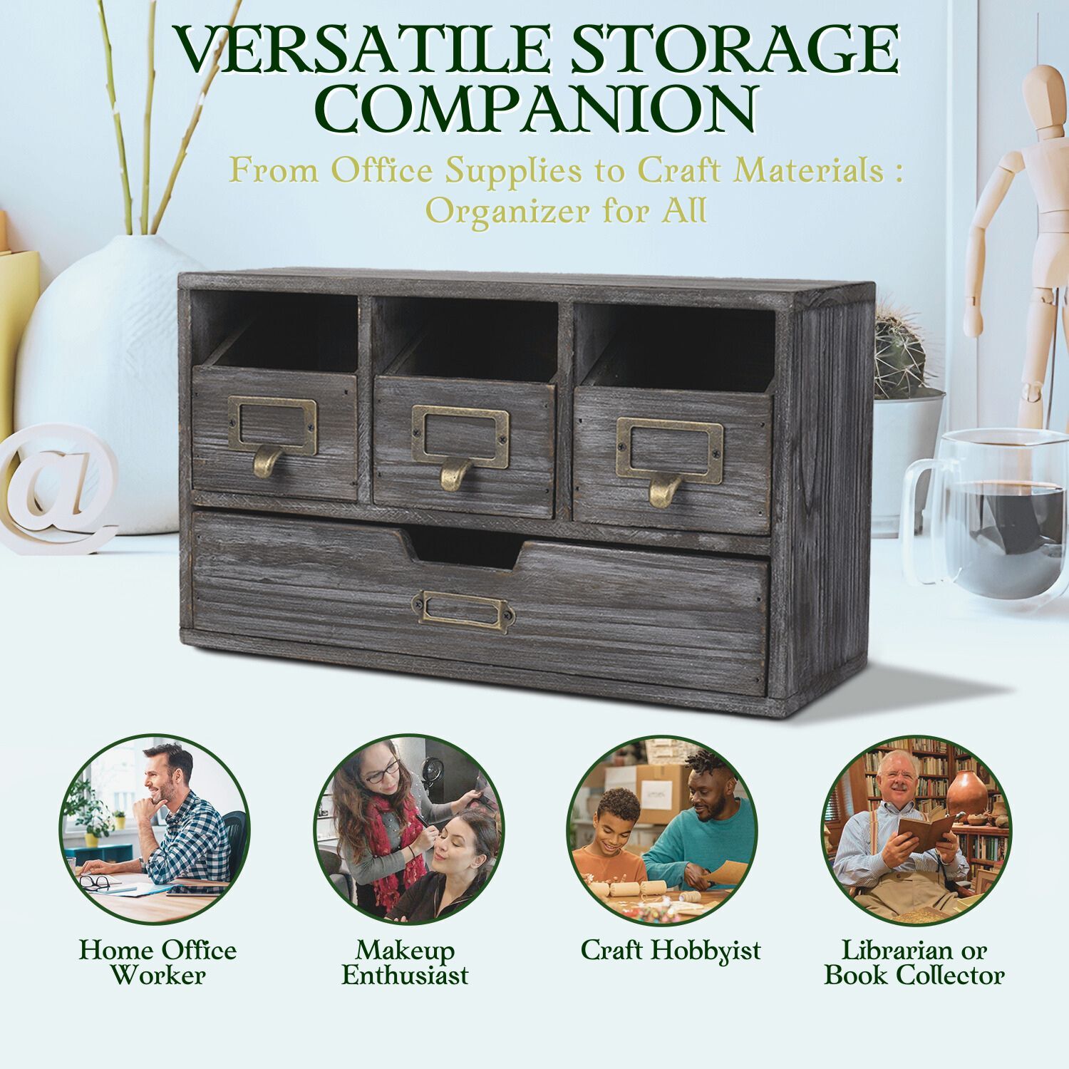 4 Drawer Wooden Desk Organizers – Vintage Rustic Apothecary Wood Desktop Storage