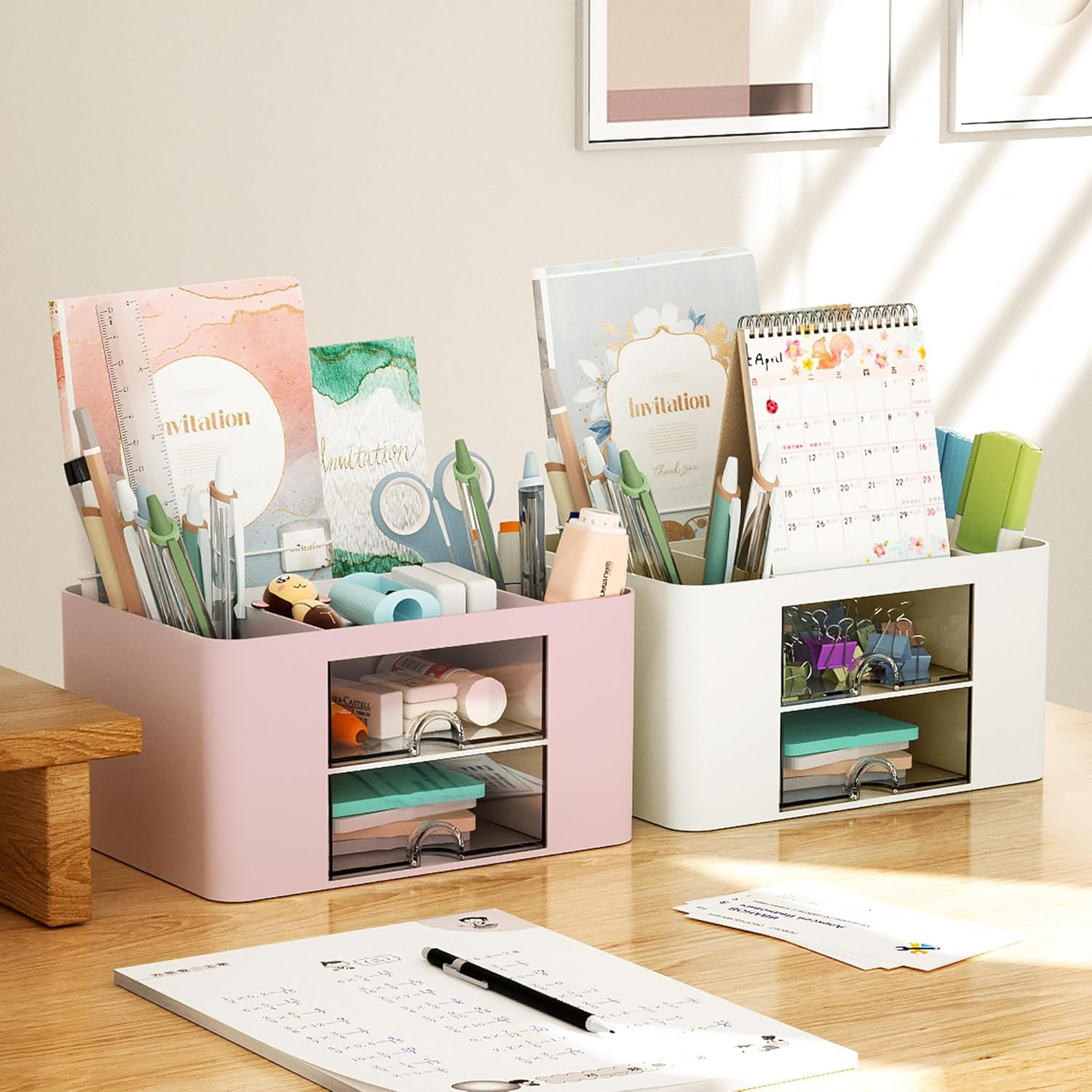Pen Organizer with 2 Drawer, Multi-Functional Pencil Holder for Desk, Desk Organ
