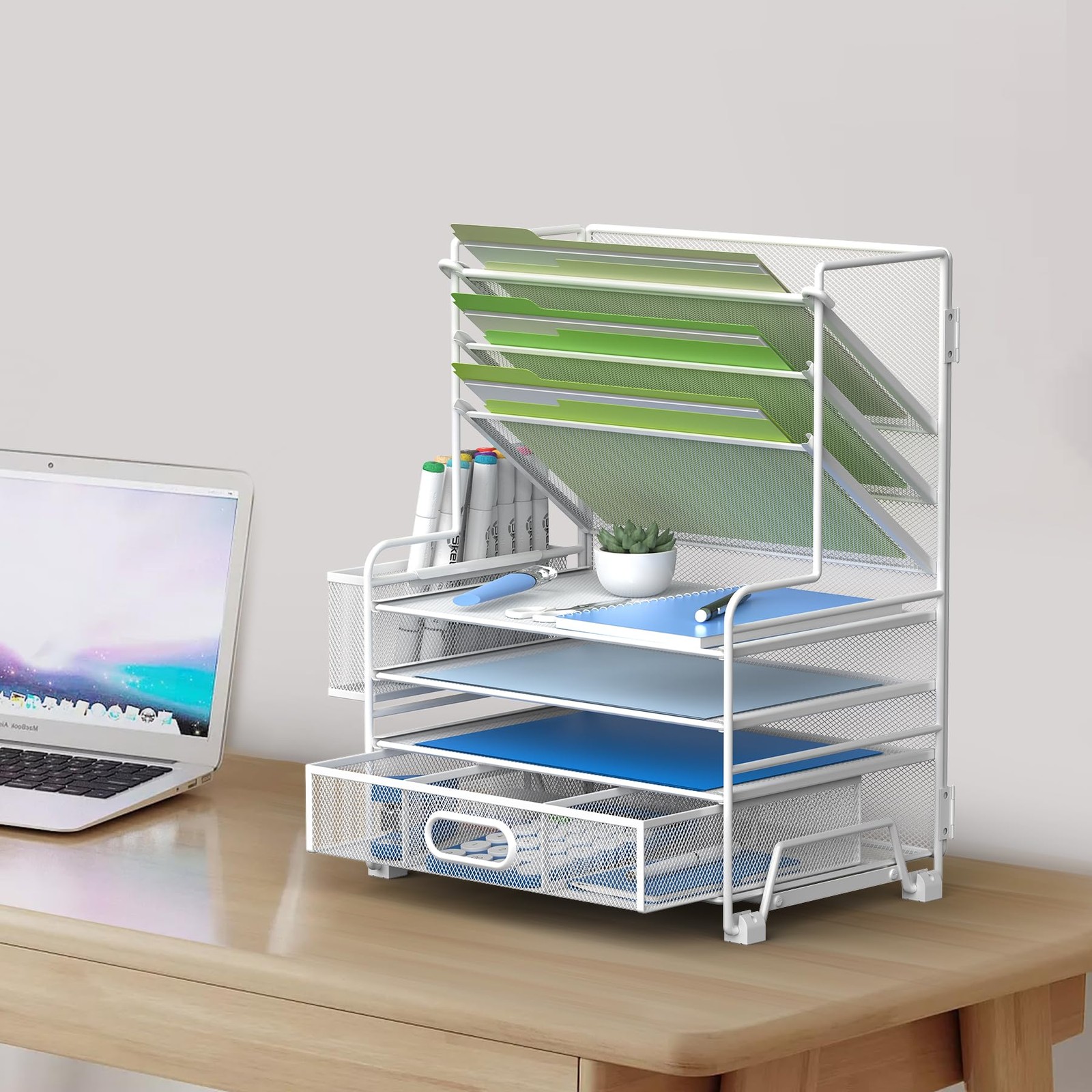 MINDEPOT 4~Tier Paper Organizer with Drawer & Pen Holder, White