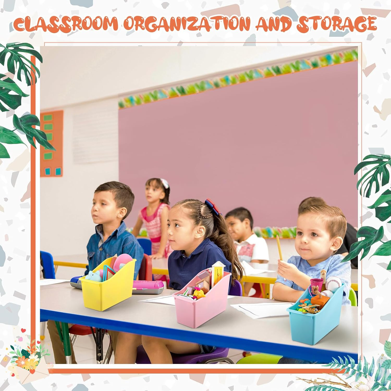 12 Pcs Book Bin for Classroom with Labels Stackable Plastic Organizing Bins 11.5
