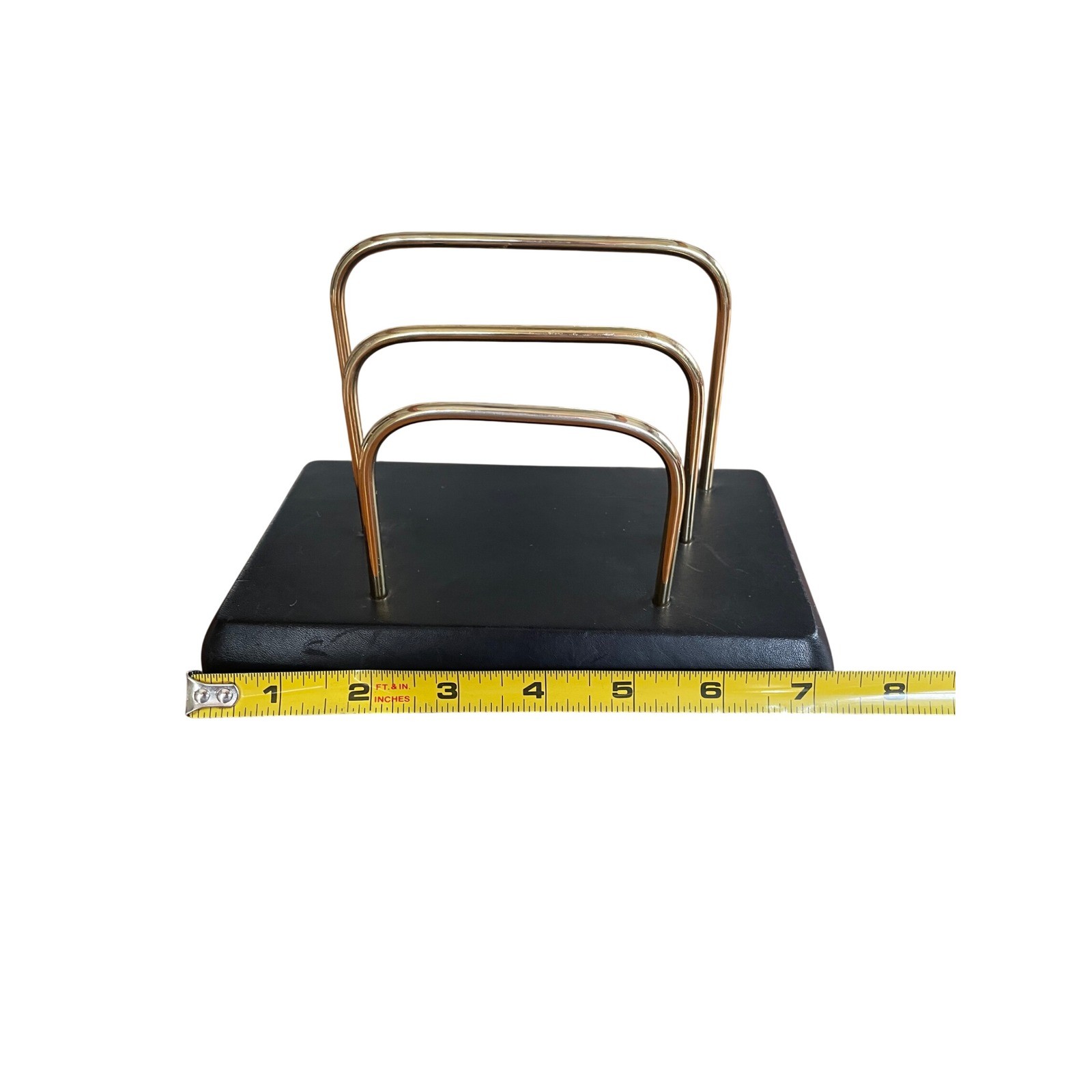 Vintage Tiered Letter Sorter Desk Organizer Gold Wire Black Faux Leather Base