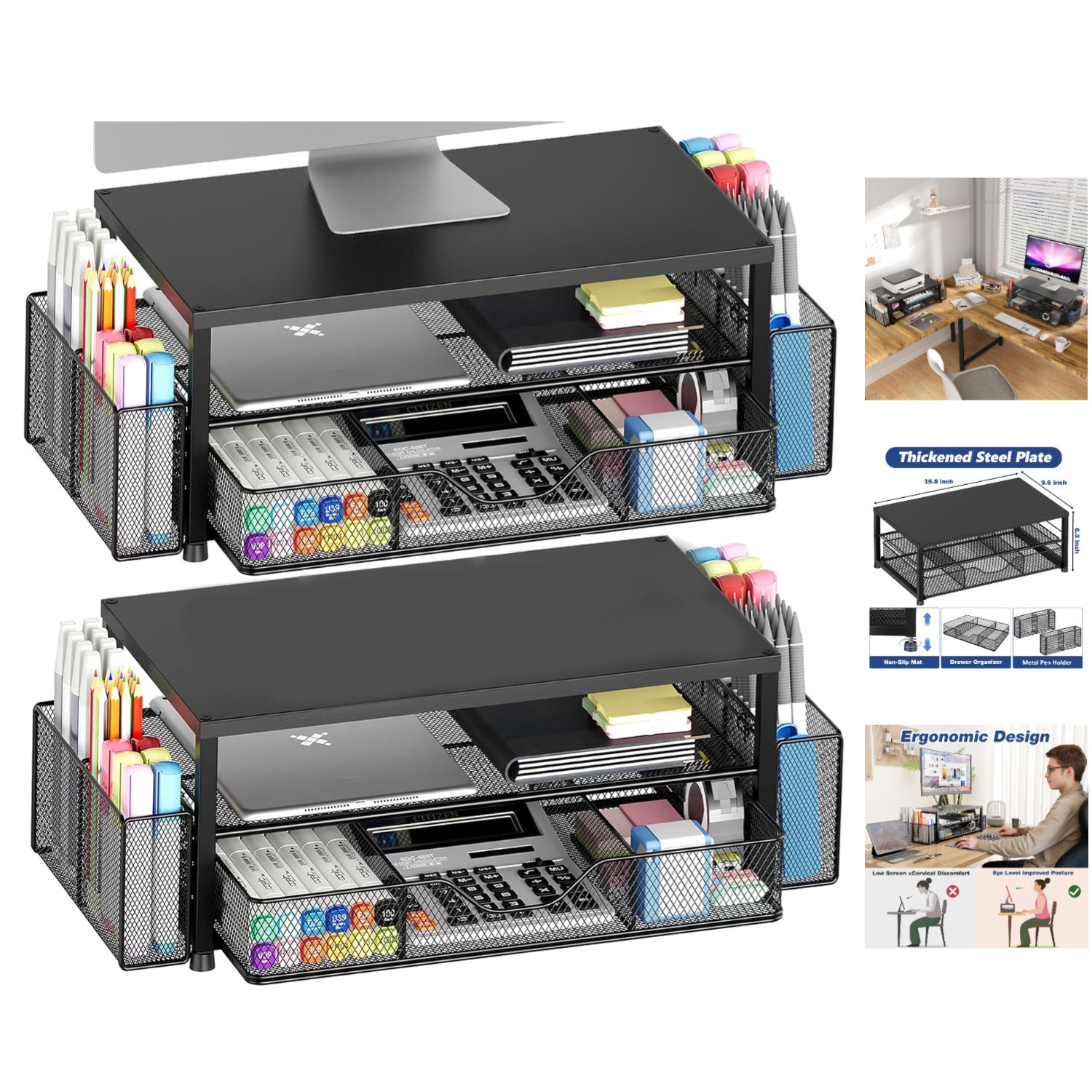 Functional Black 2-Pack Desk Organizer with Ergonomic Monitor Riser & Drawer