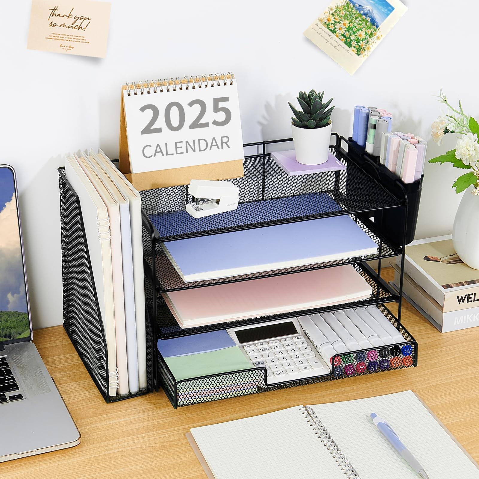 Desk Organizer 4-Tier Desktop File with Drawer and 2 Pen Holders Black Office