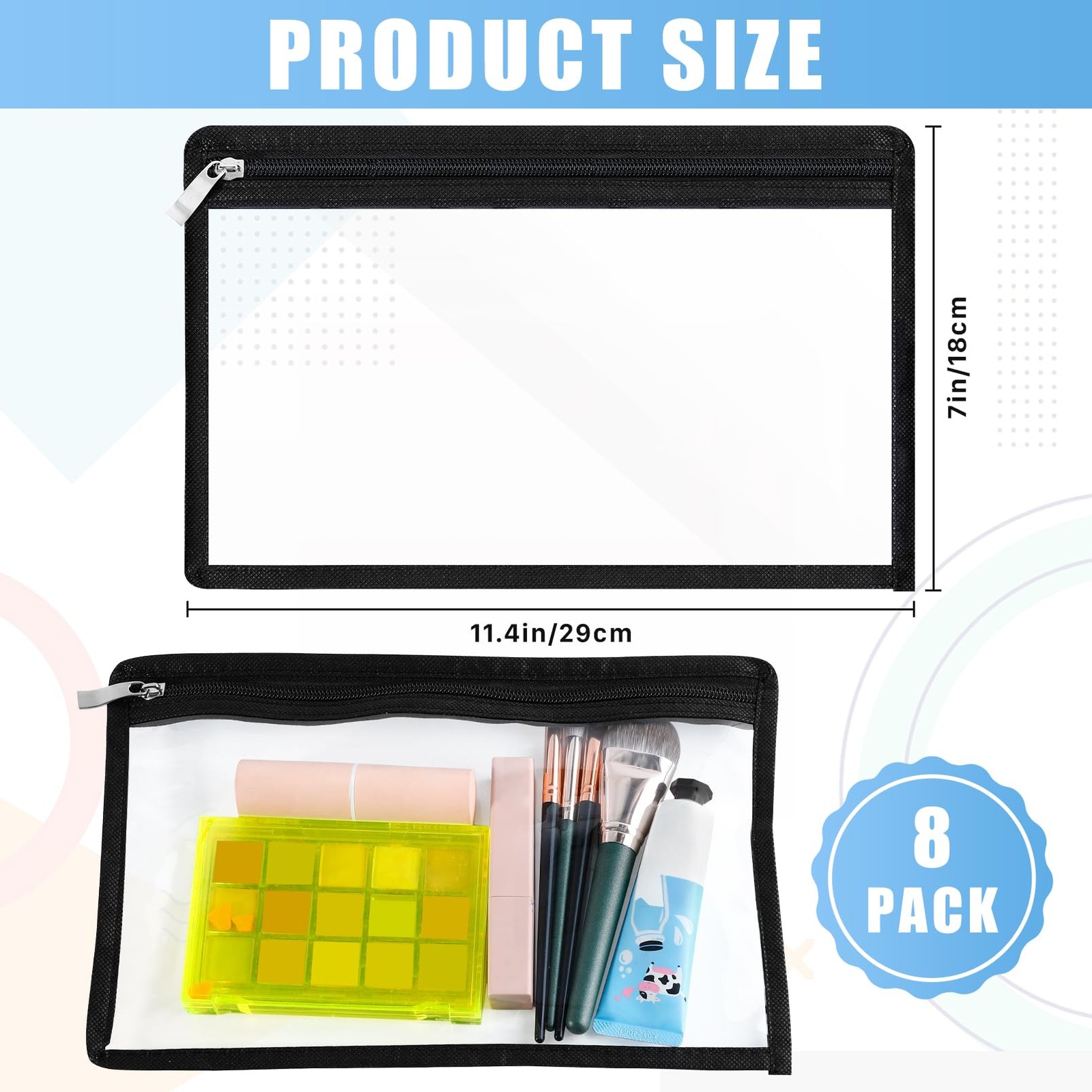 Clear PVC Zipper Pouches Waterproof Makeup Pencil Document File 7×11.4 In 8 PCS