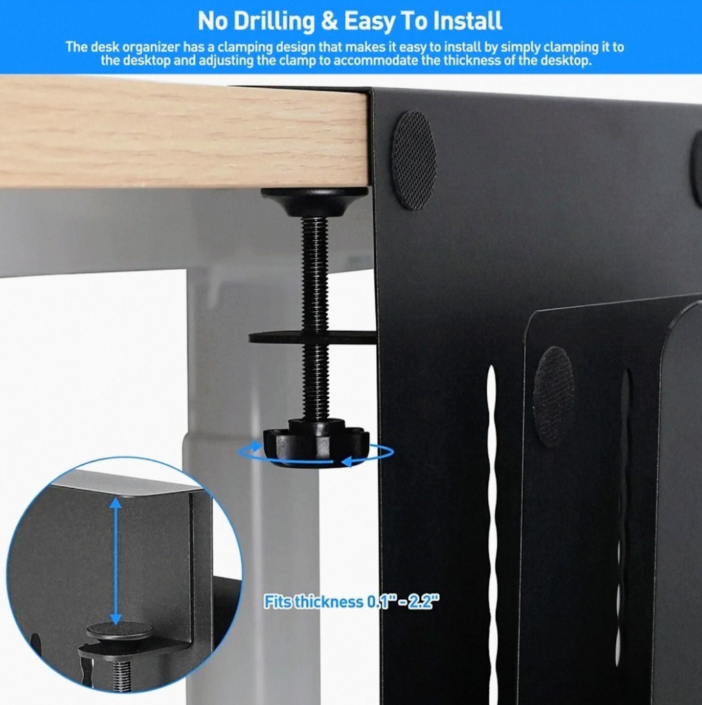Desk Side Storage, Under Desk Laptop Mount, Clamp On Cable Magnet Tray, Black