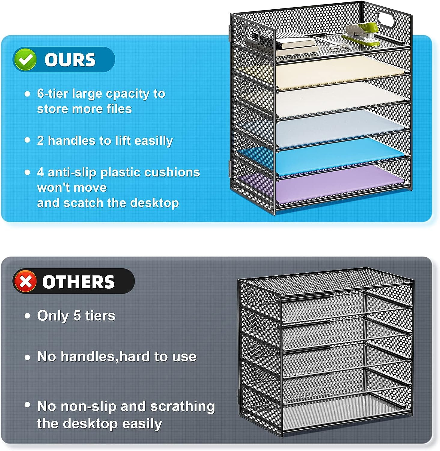 6 Tier Paper Organizer Letter Tray Mesh Desk File Sorter with Handle Black