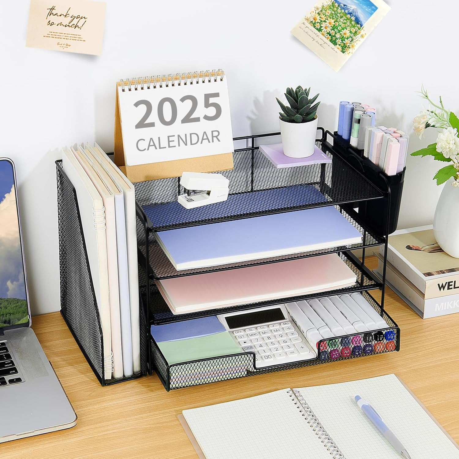 Desk Organizer and Accessories, 4-Tier Desktop File Organizer with Drawer and 2