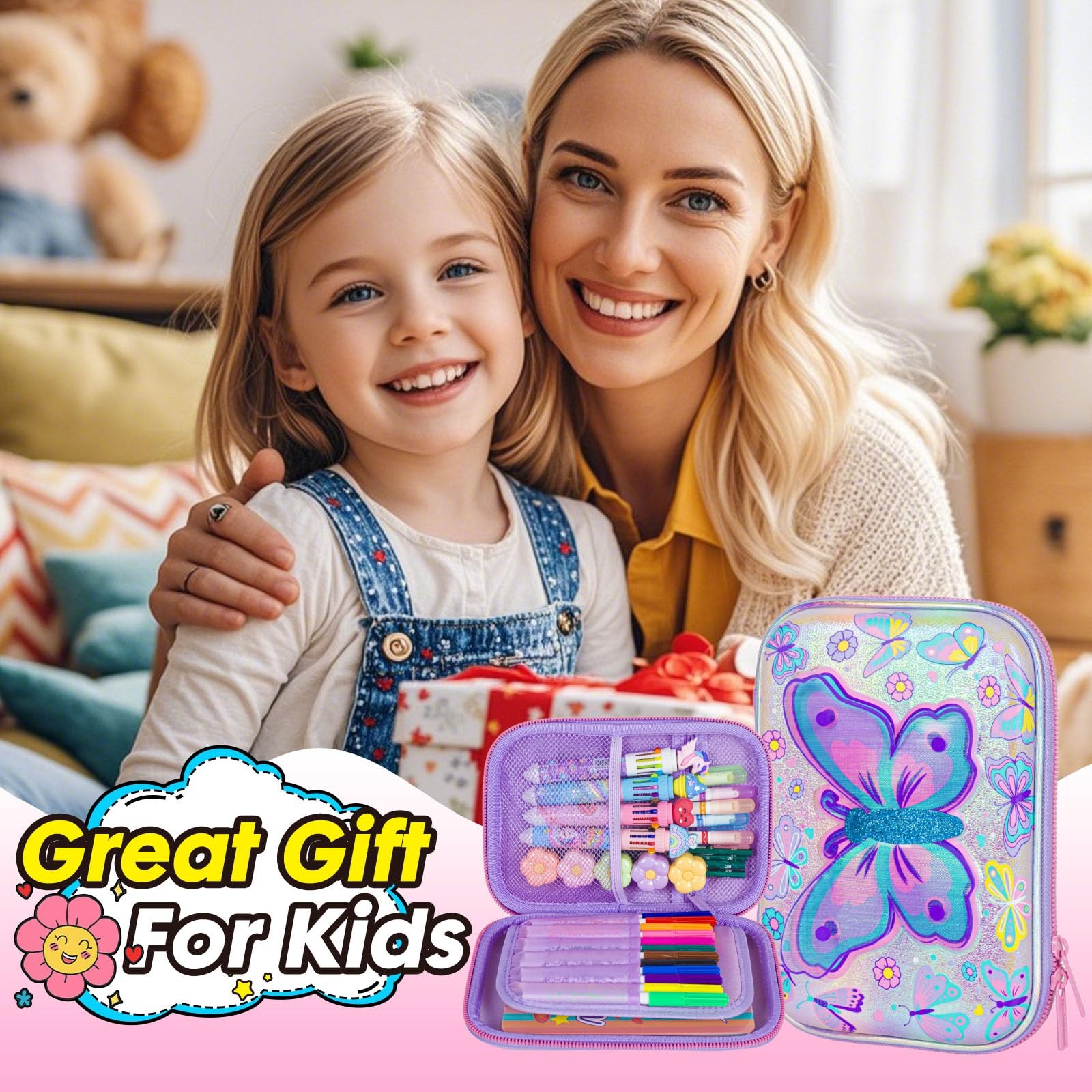 Butterfly Pencil Case Stationery Set for Girls, 3D EVA Big Capacity Cute Penc…