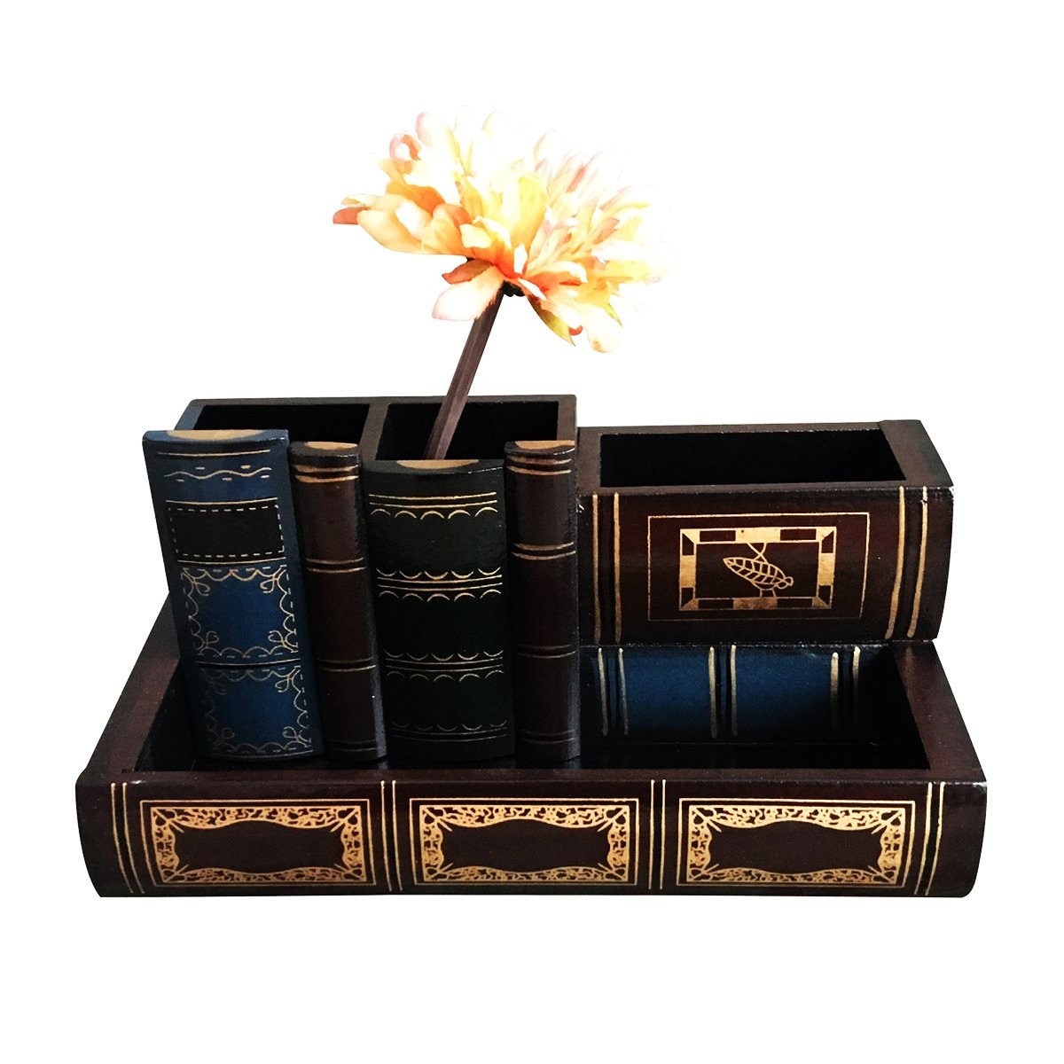 Tosnail Decorative Pen Holder with Storage Compartment, Wooden Pencil Retro