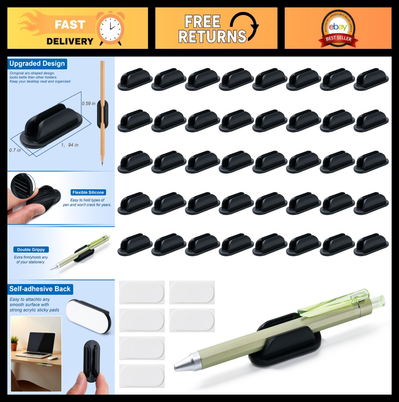 40 Pack Silicone Adhesive Pencil Holders – Flexible Desk & Wall Organizers, Offi